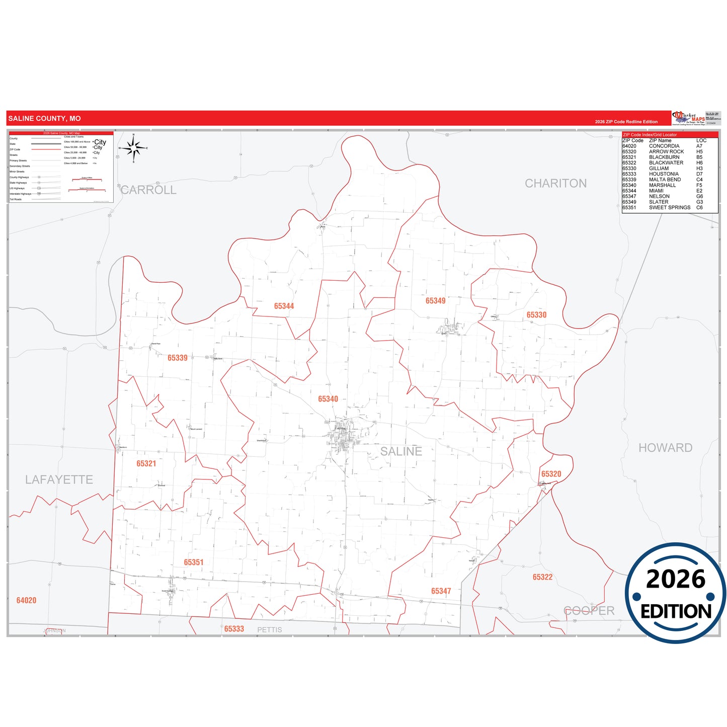 Saline County, MO Red Line 5 Digit ZIP Code Wall Map