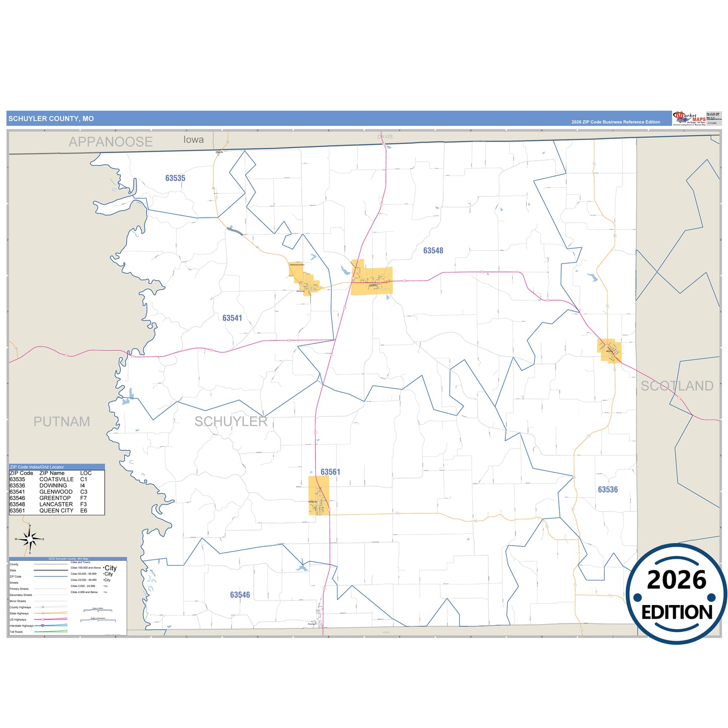 Schuyler County, MO Business Reference 5 Digit ZIP Code Wall Map