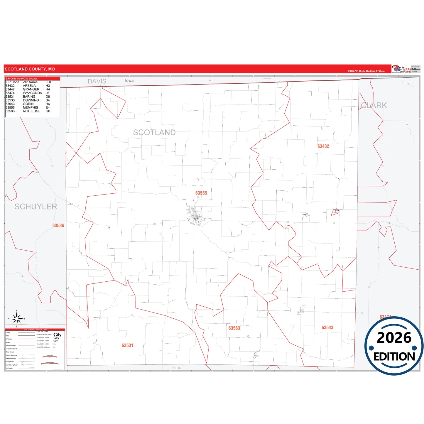 Scotland County, MO Red Line 5 Digit ZIP Code Wall Map