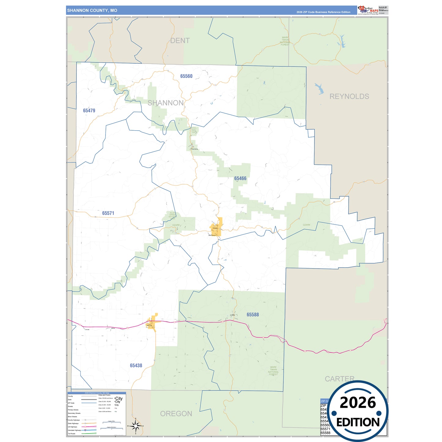 Shannon County, MO Business Reference 5 Digit ZIP Code Wall Map