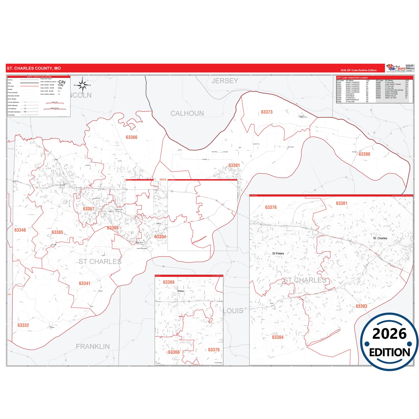 St. Charles County, MO Red Line 5 Digit ZIP Code Wall Map