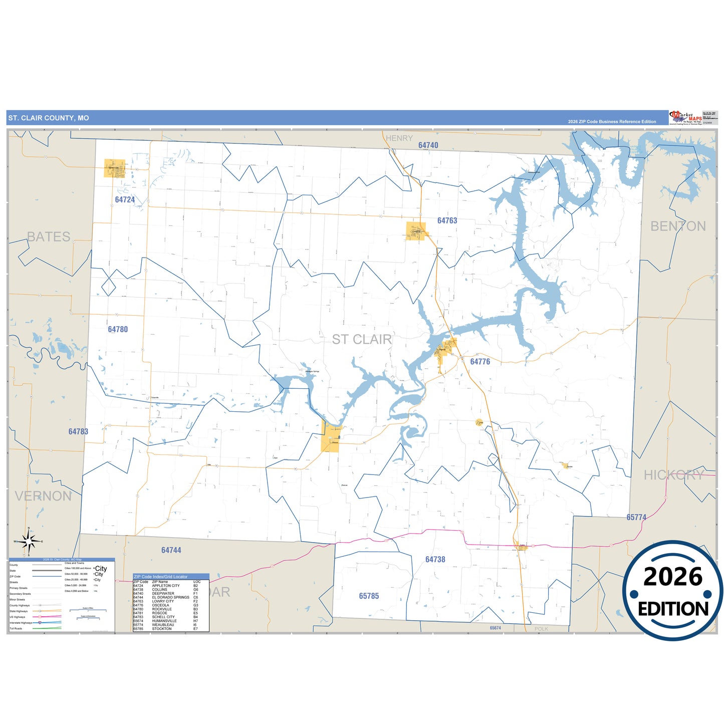 St. Clair County, MO Business Reference 5 Digit ZIP Code Wall Map
