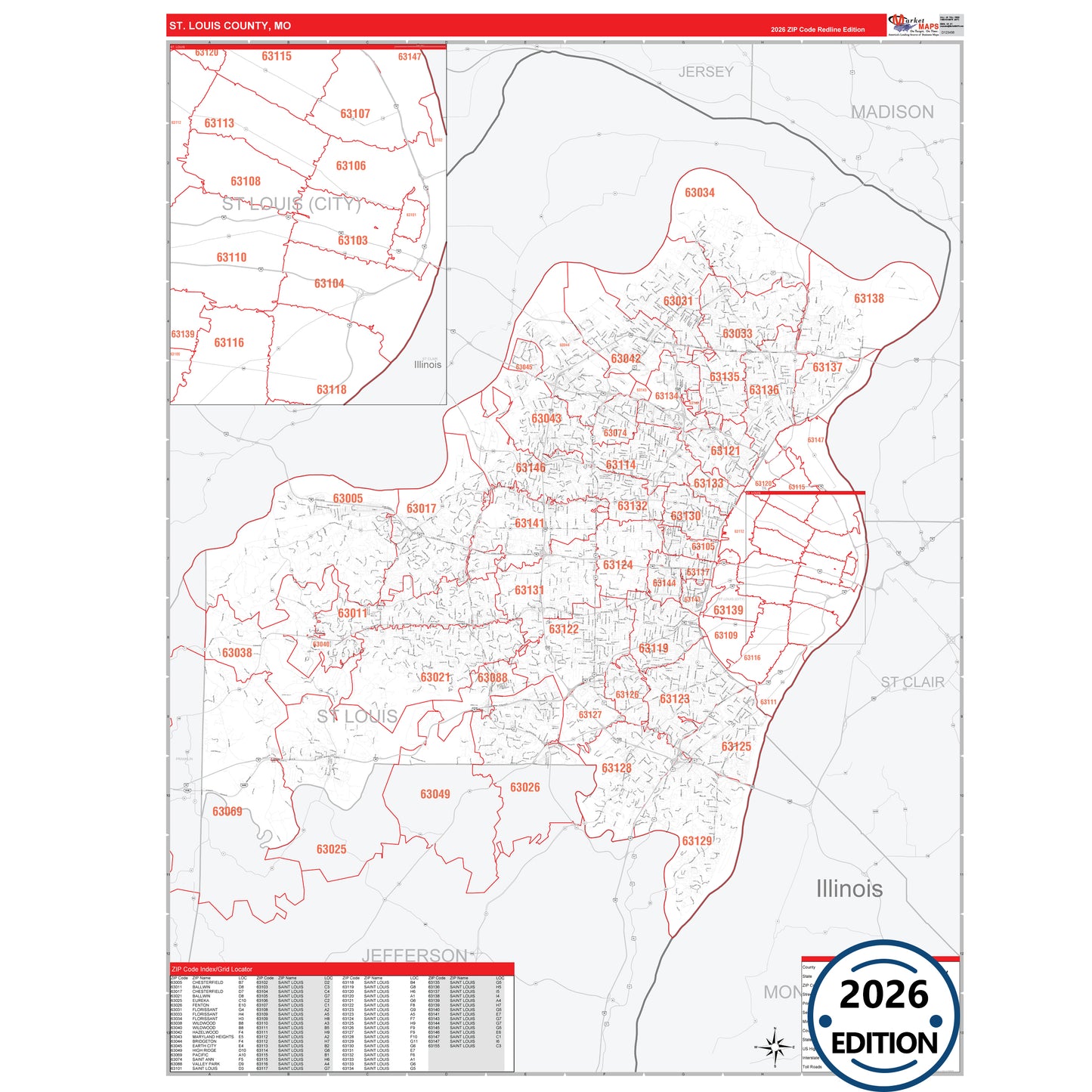 St. Louis County, MO Red Line 5 Digit ZIP Code Wall Map