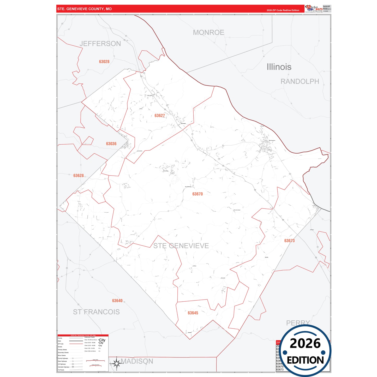 Ste. Genevieve County, MO Red Line 5 Digit ZIP Code Wall Map