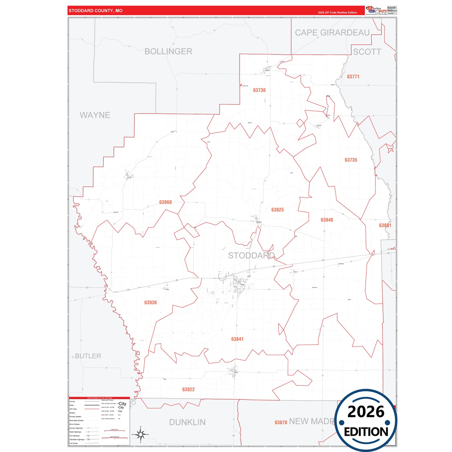 Stoddard County, MO Red Line 5 Digit ZIP Code Wall Map