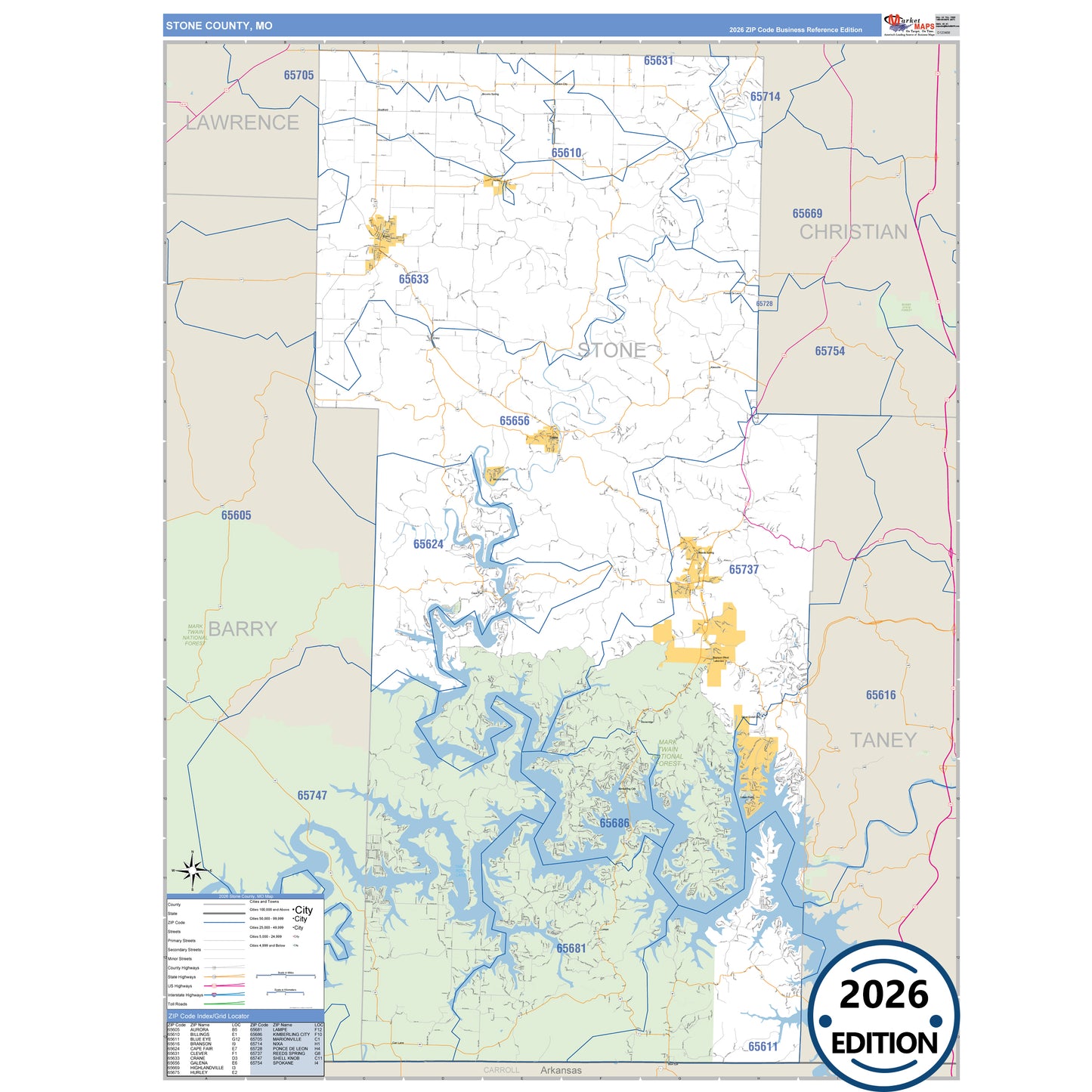 Stone County, MO Business Reference 5 Digit ZIP Code Wall Map