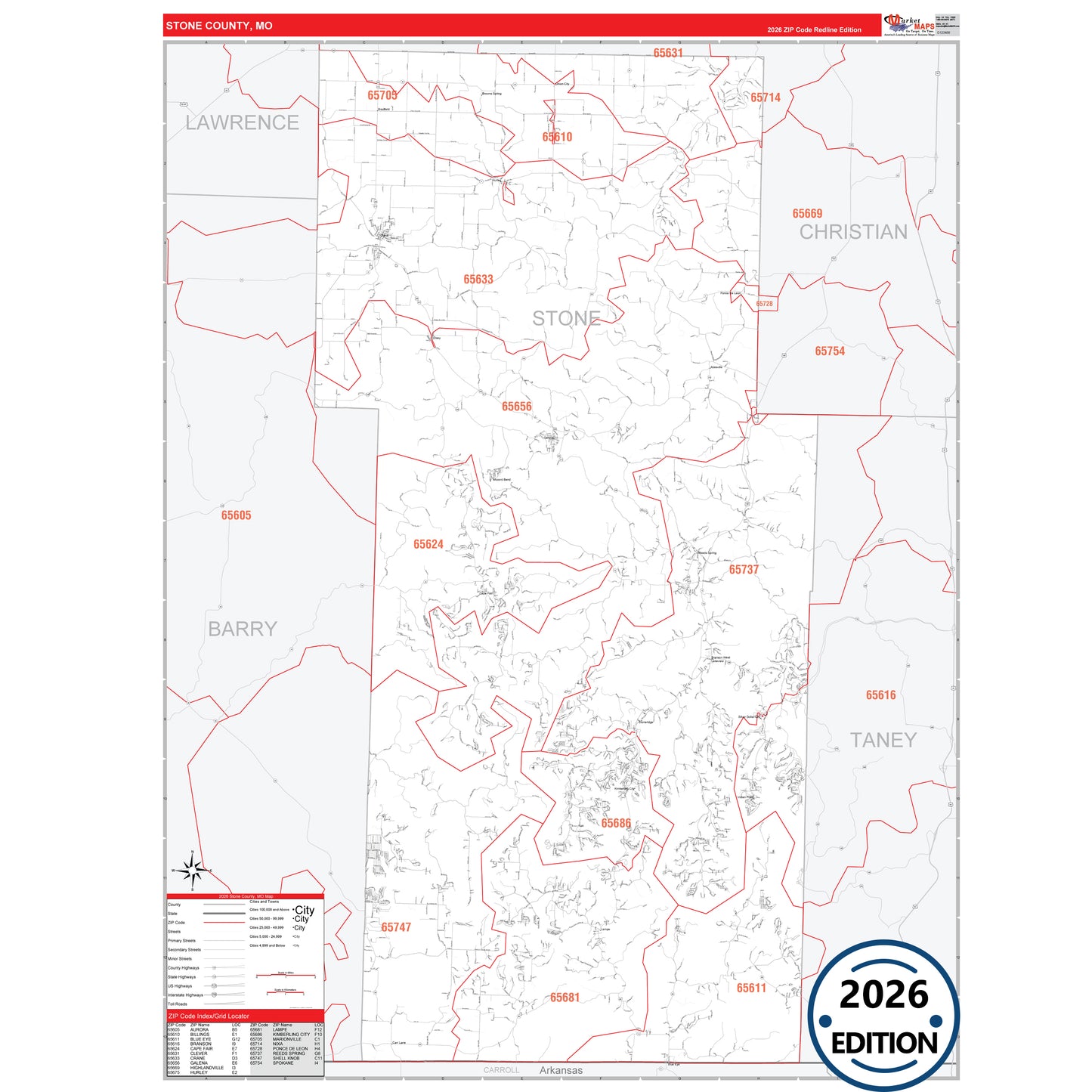 Stone County, MO Red Line 5 Digit ZIP Code Wall Map
