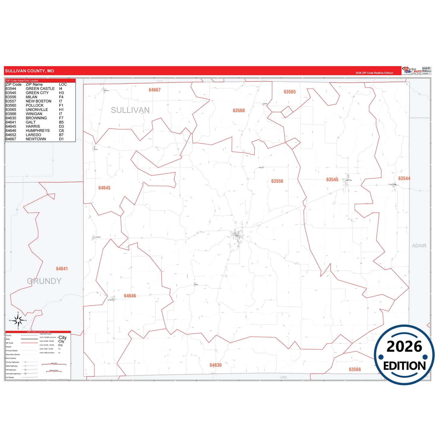 Sullivan County, MO Red Line 5 Digit ZIP Code Wall Map