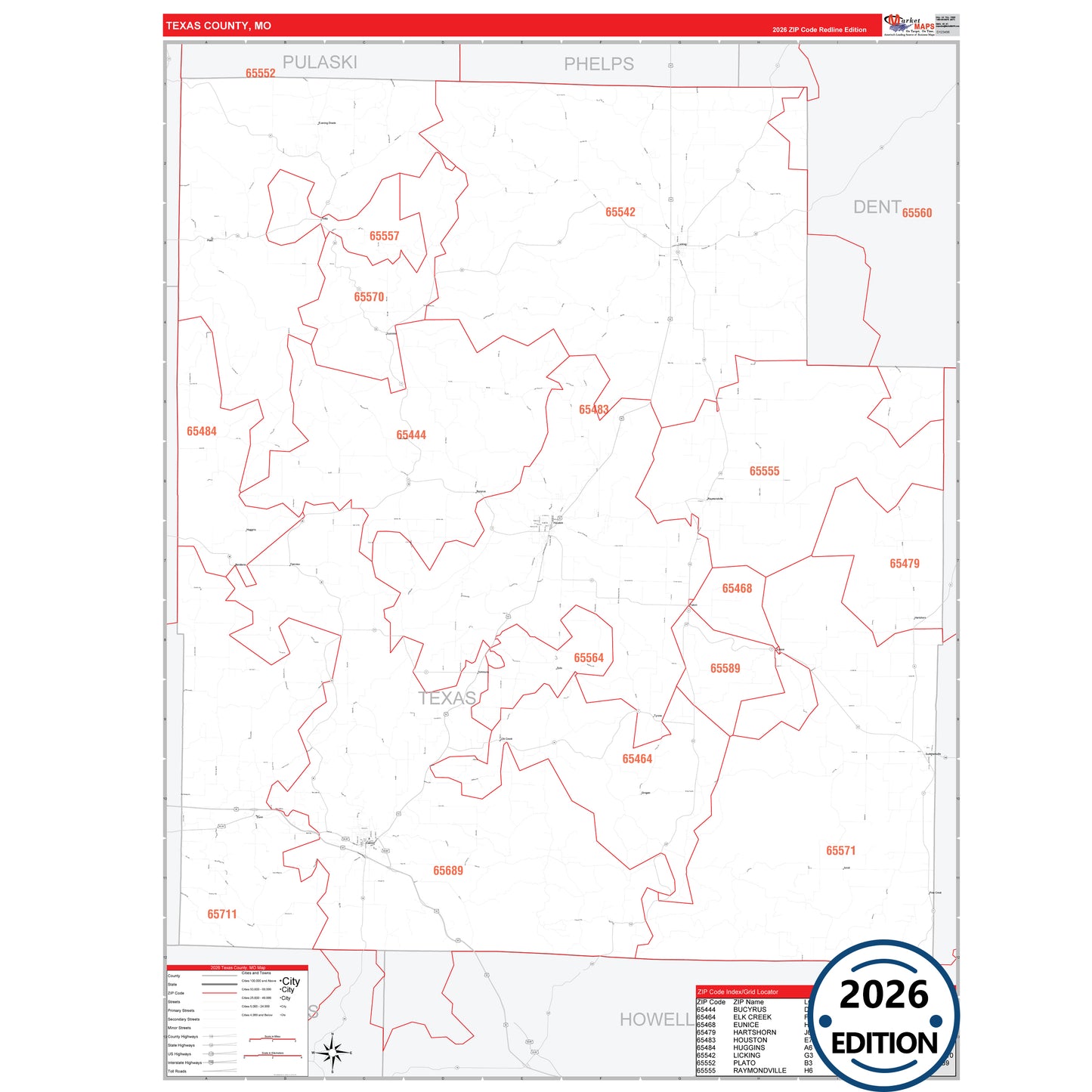 Texas County, MO Red Line 5 Digit ZIP Code Wall Map