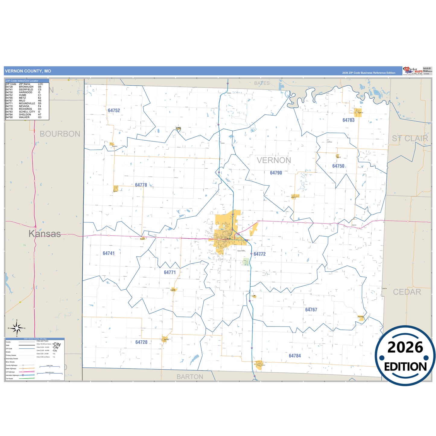 Vernon County, MO Business Reference 5 Digit ZIP Code Wall Map