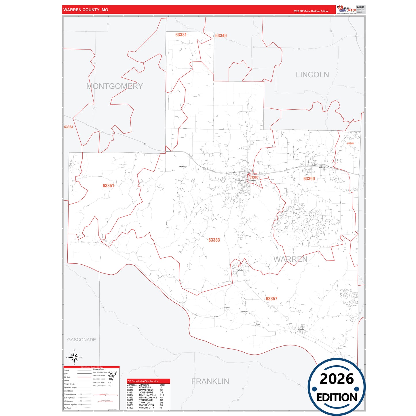 Warren County, MO Red Line 5 Digit ZIP Code Wall Map