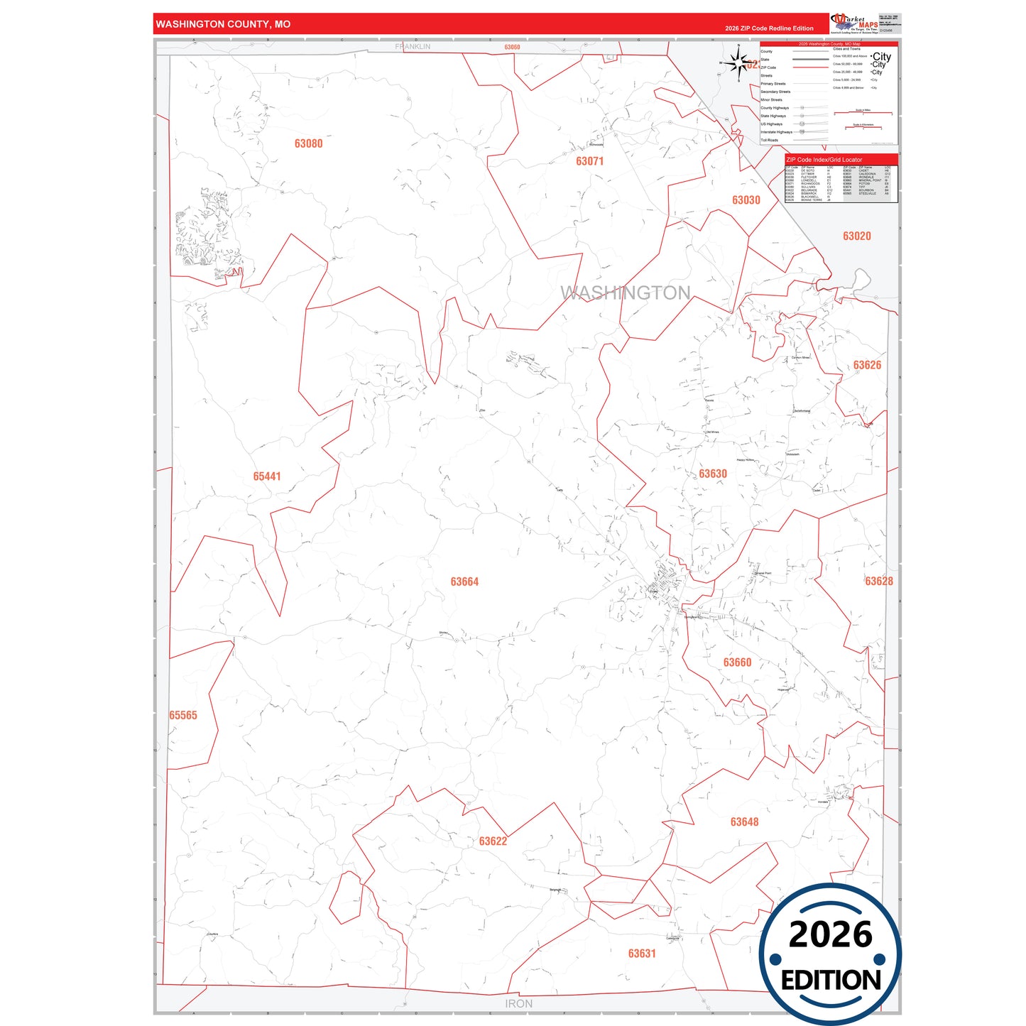 Washington County, MO Red Line 5 Digit ZIP Code Wall Map