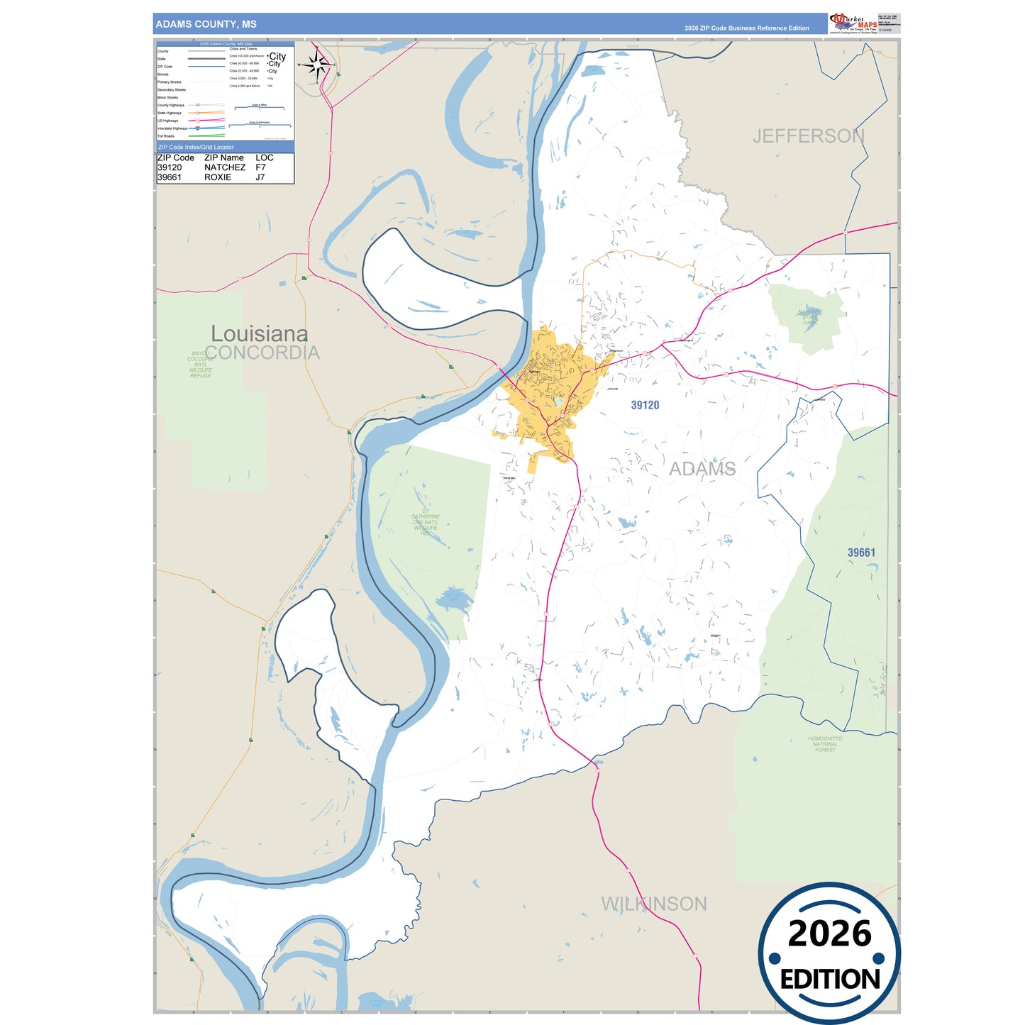 Adams County, MS Business Reference 5 Digit ZIP Code Wall Map