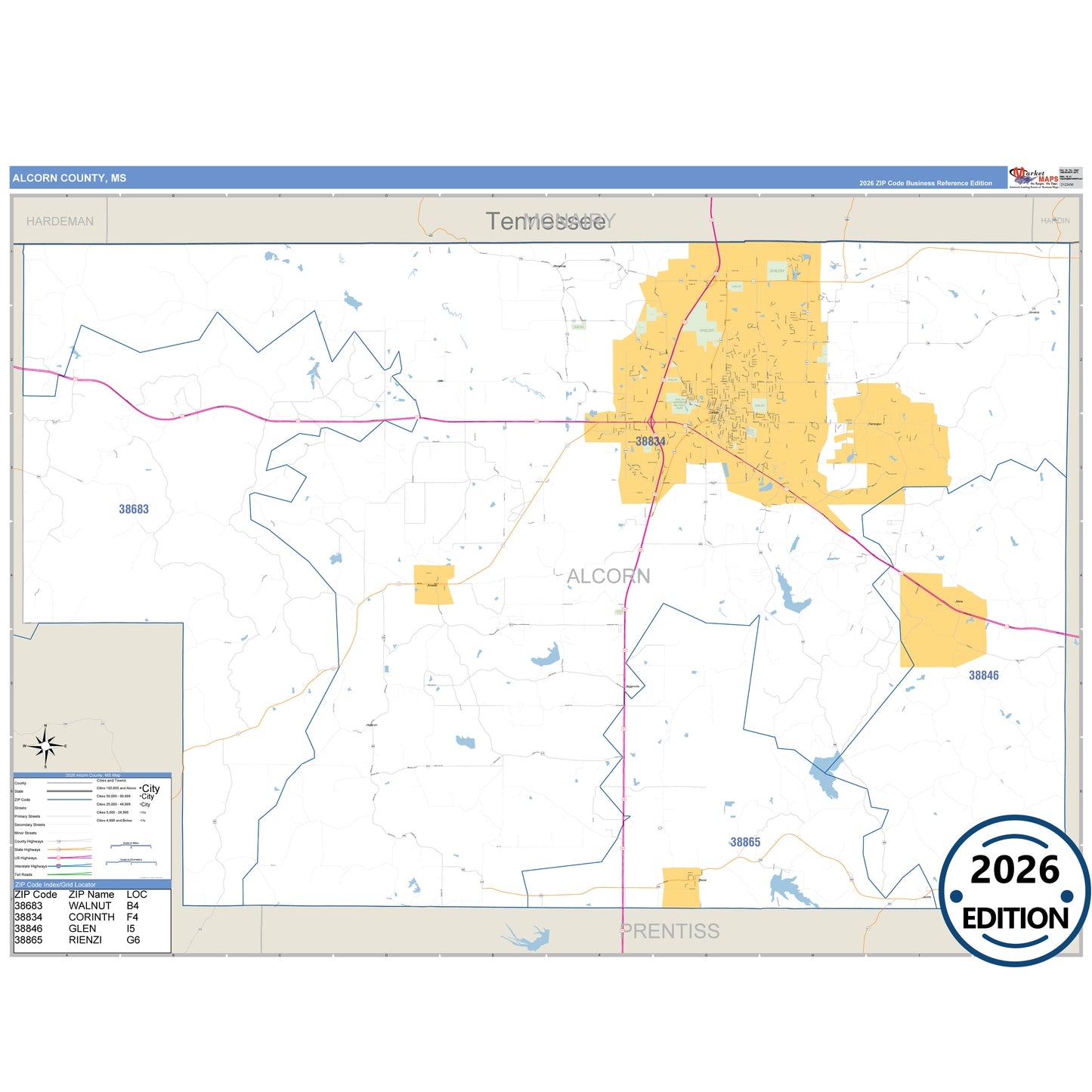 Alcorn County, MS Business Reference 5 Digit ZIP Code Wall Map