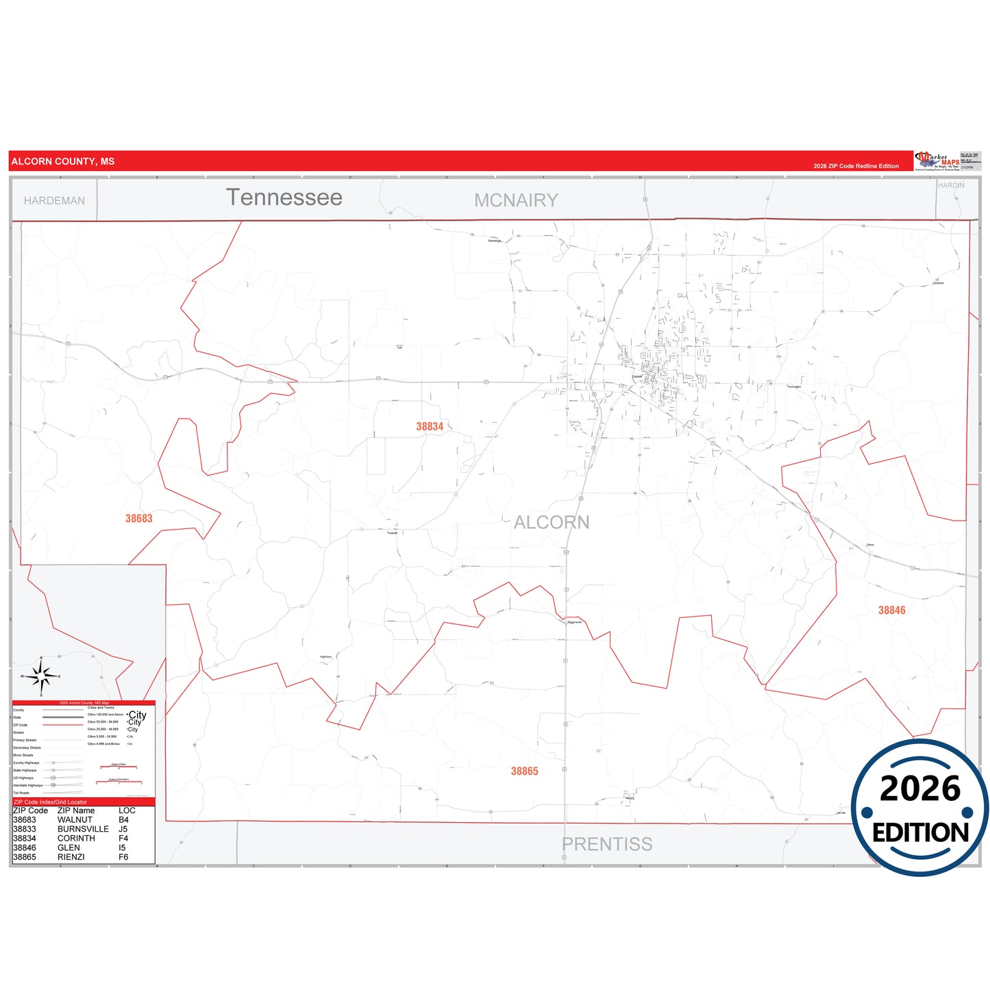 Alcorn County, MS Red Line 5 Digit ZIP Code Wall Map