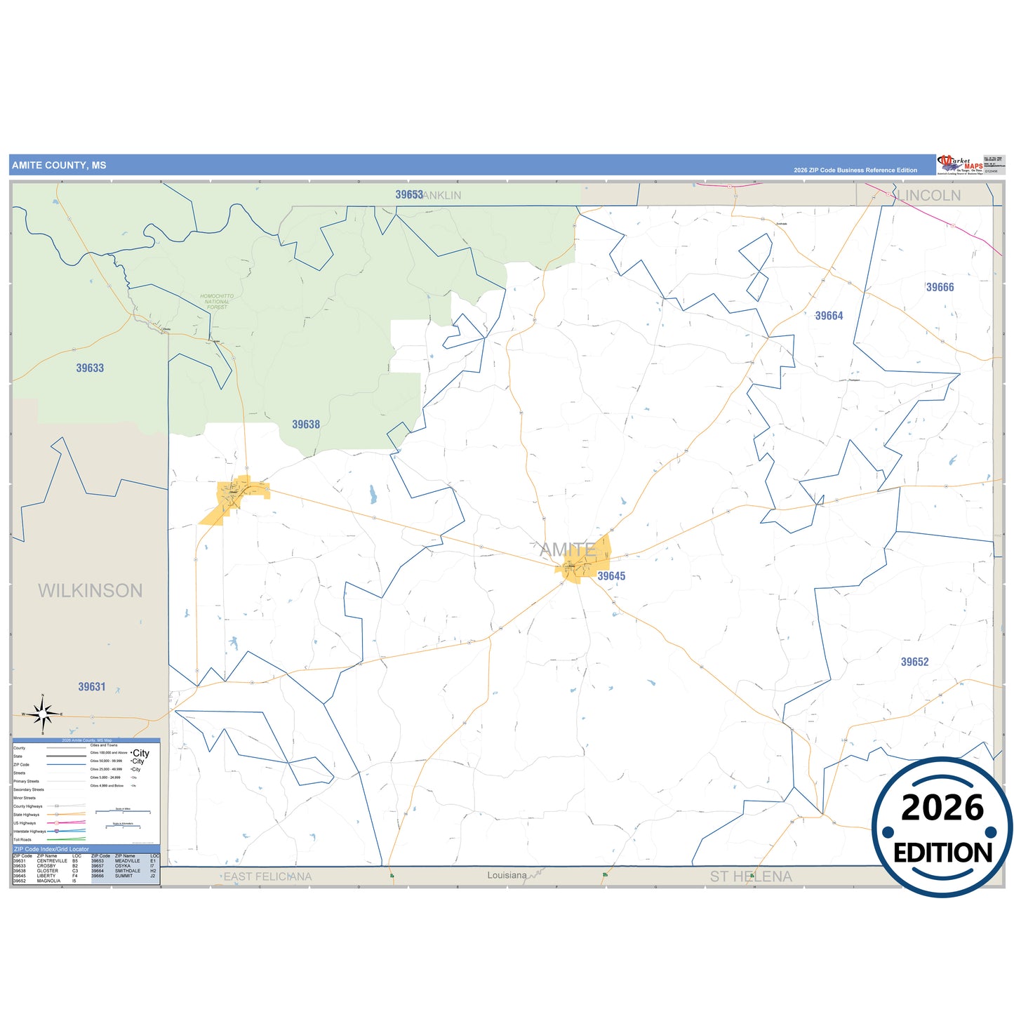 Amite County, MS Business Reference 5 Digit ZIP Code Wall Map