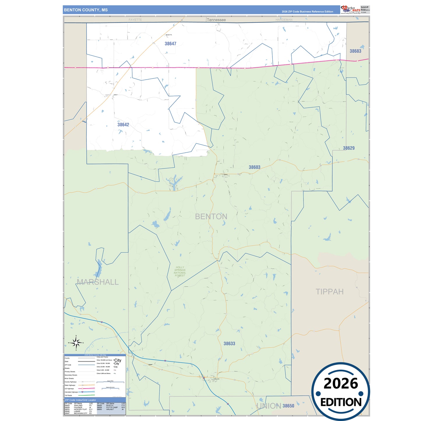 Benton County, MS Business Reference 5 Digit ZIP Code Wall Map
