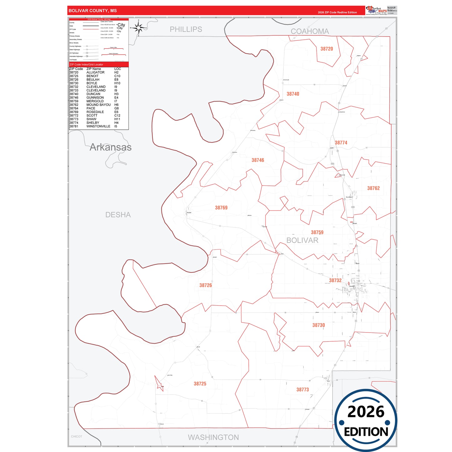 Bolivar County, MS Red Line 5 Digit ZIP Code Wall Map