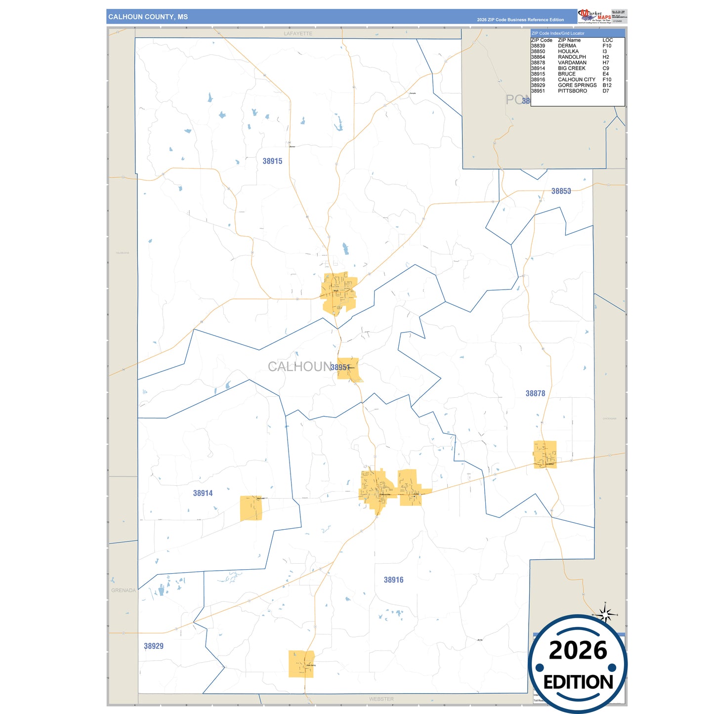 Calhoun County, MS Business Reference 5 Digit ZIP Code Wall Map