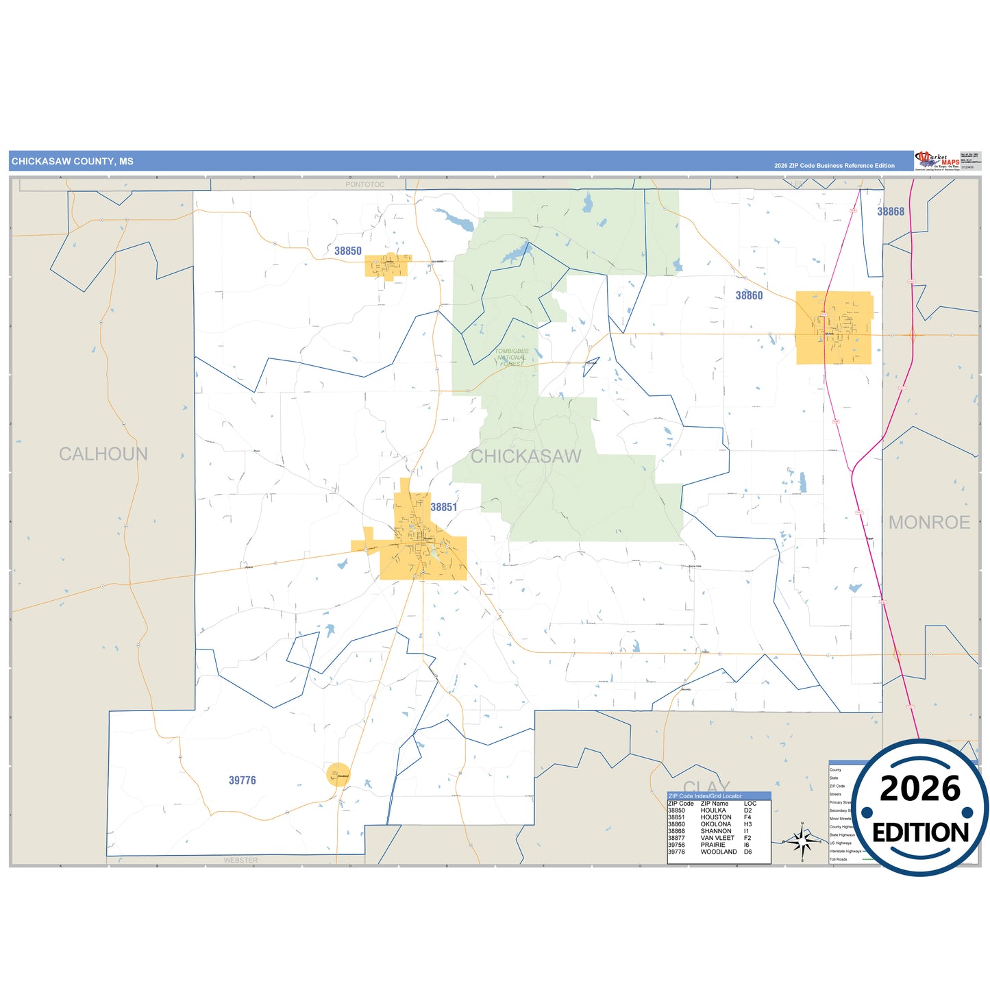 Chickasaw County, MS Business Reference 5 Digit ZIP Code Wall Map