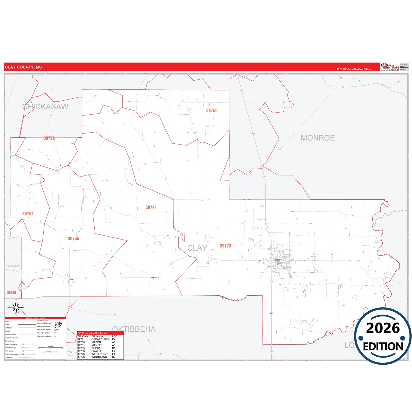 Clay County, MS Red Line 5 Digit ZIP Code Wall Map