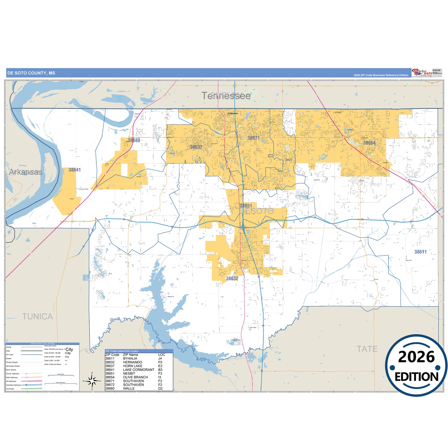 DeSoto County, MS Business Reference 5 Digit ZIP Code Wall Map