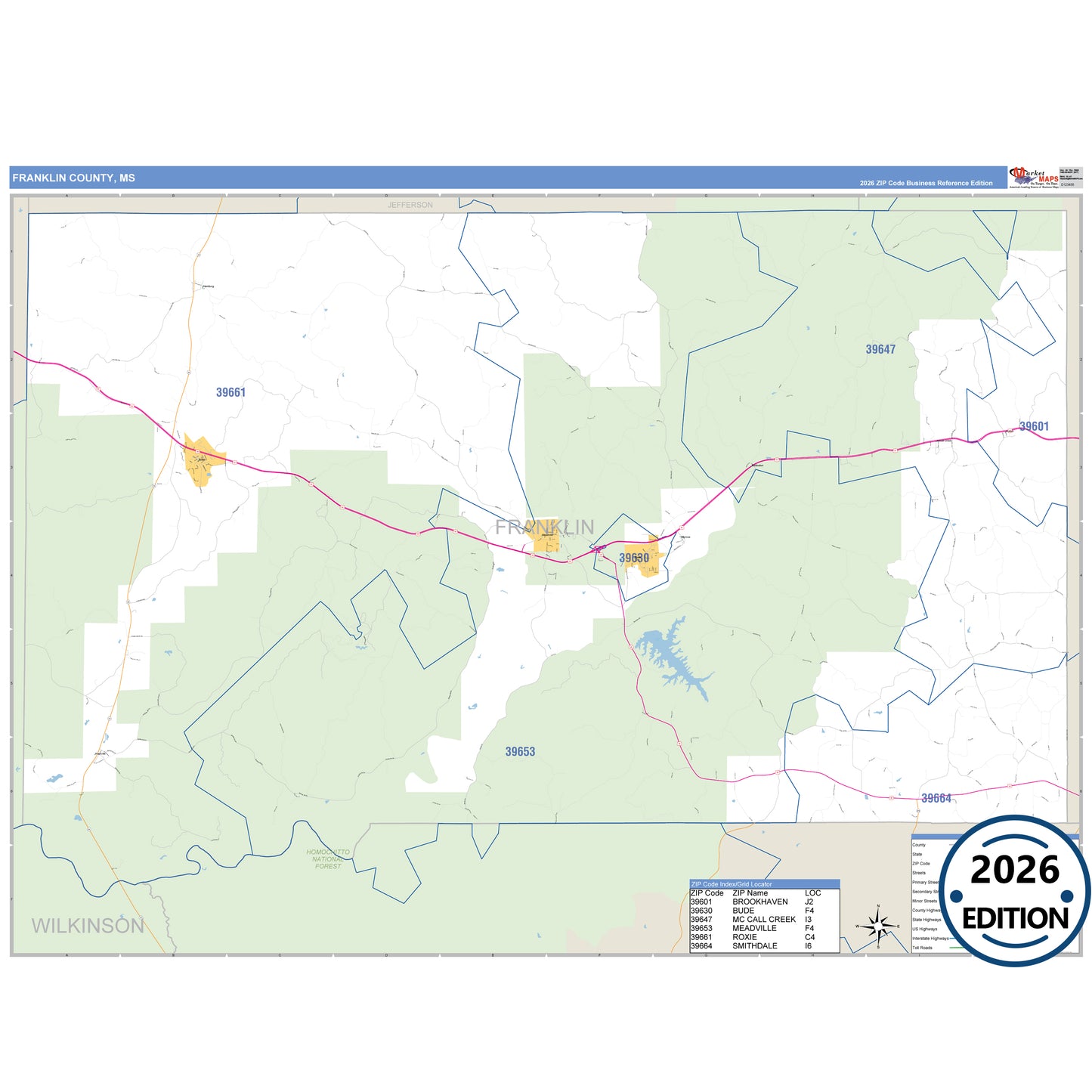Franklin County, MS Business Reference 5 Digit ZIP Code Wall Map