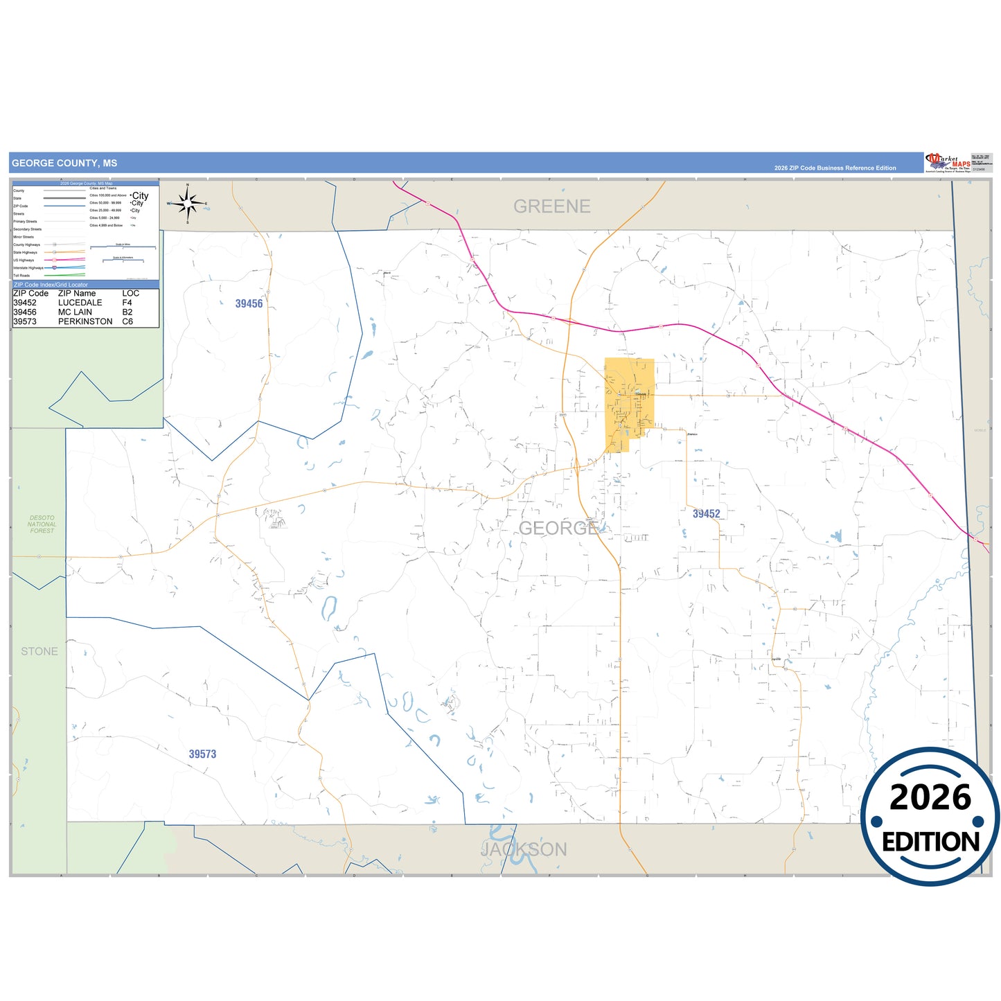 George County, MS Business Reference 5 Digit ZIP Code Wall Map