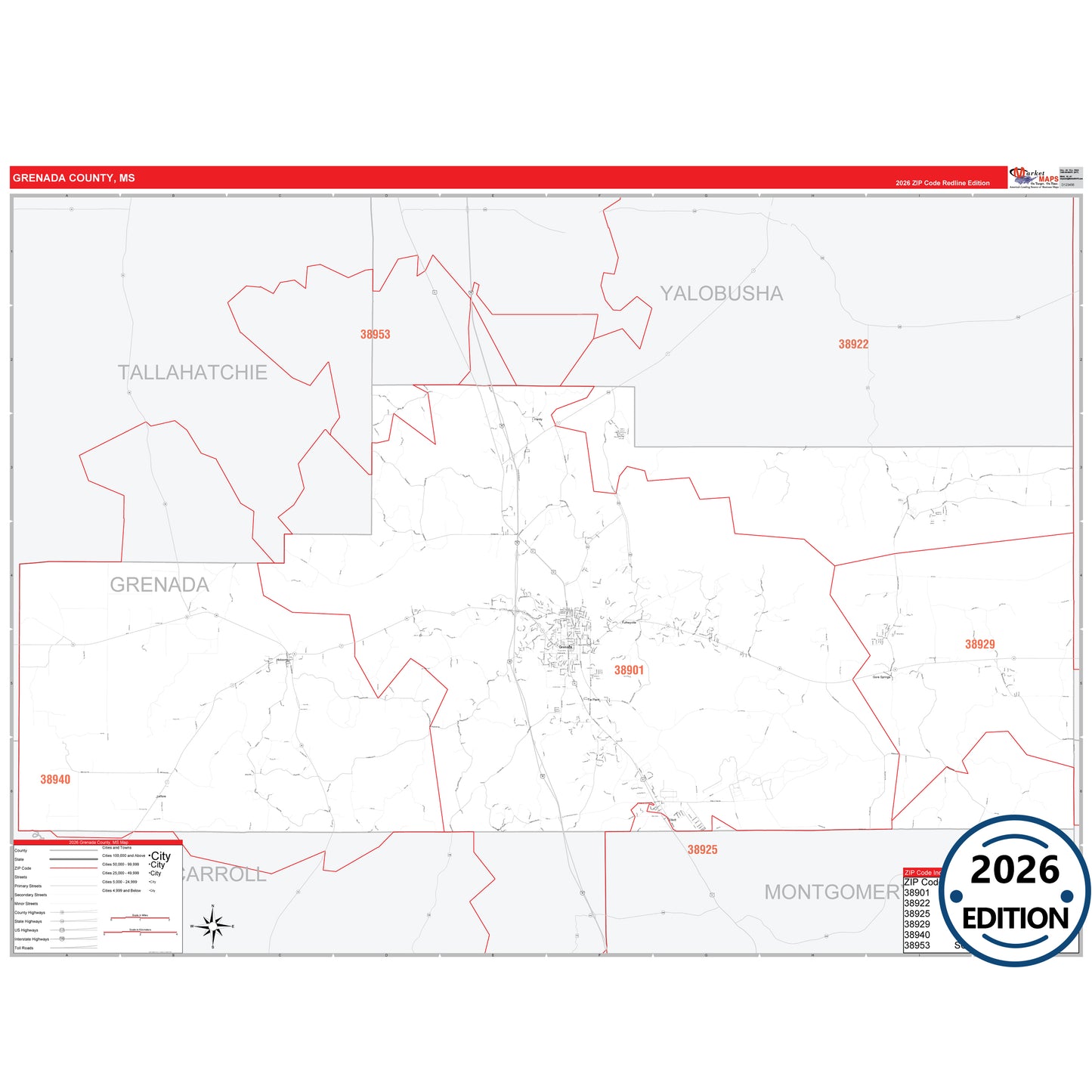 Grenada County, MS Red Line 5 Digit ZIP Code Wall Map