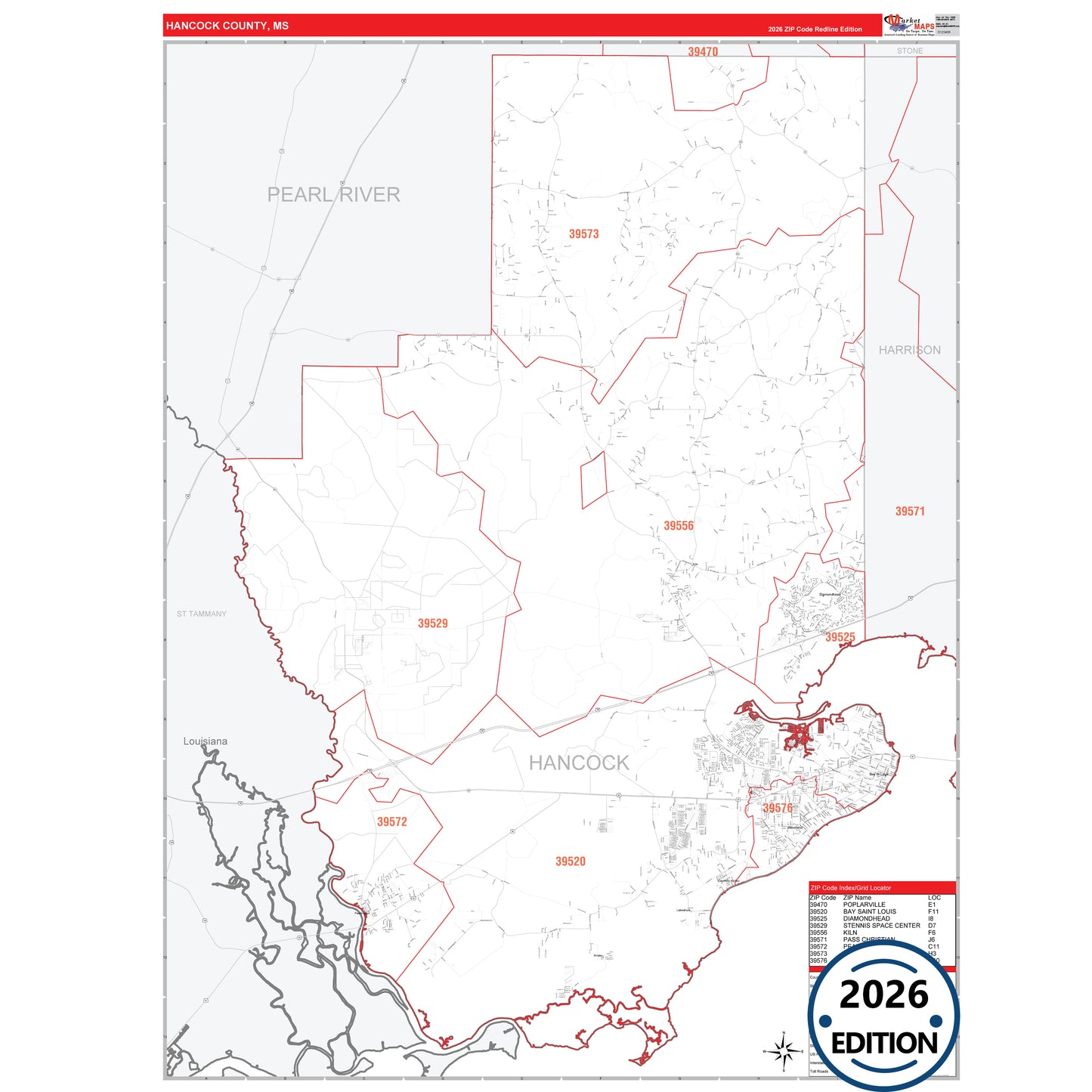 Hancock County, MS Red Line 5 Digit ZIP Code Wall Map