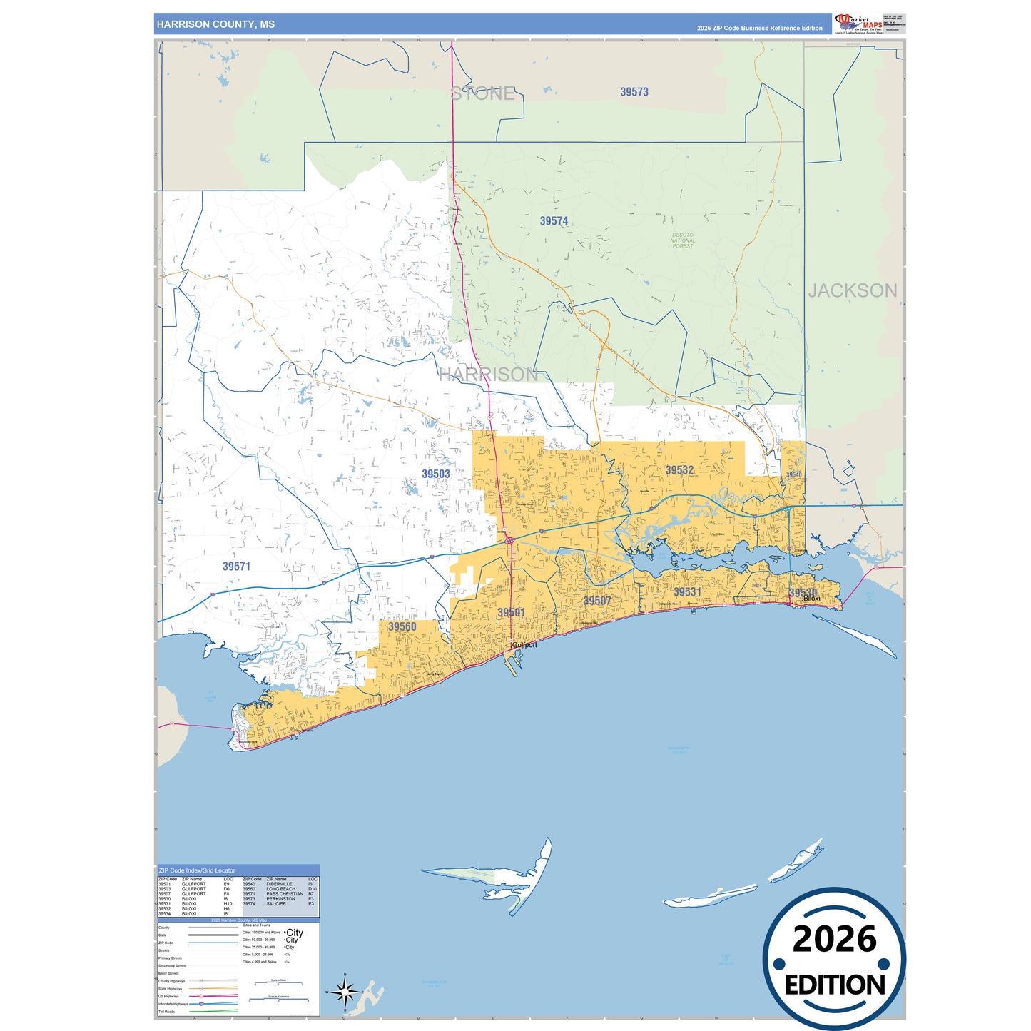 Harrison County, MS Business Reference 5 Digit ZIP Code Wall Map