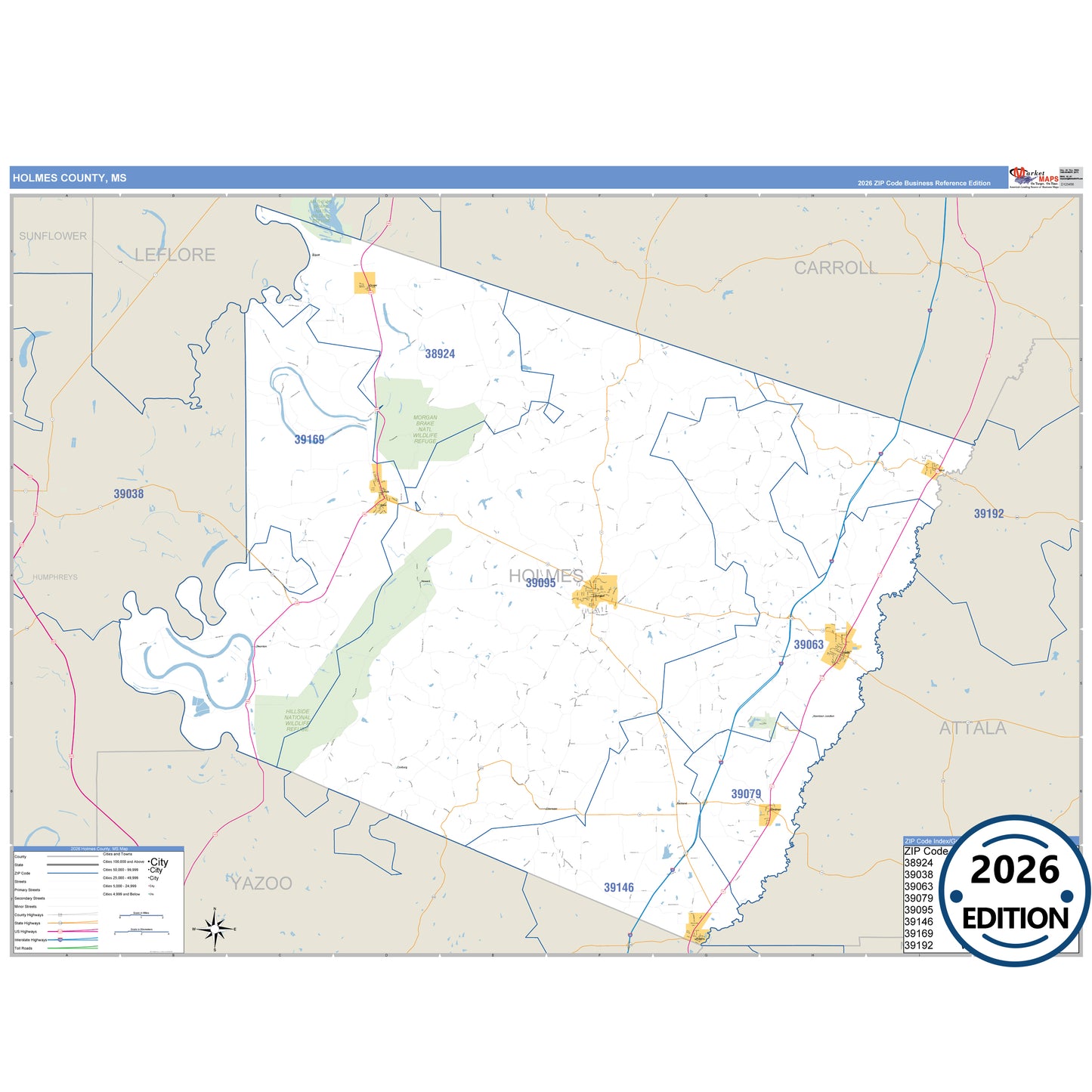 Holmes County, MS Business Reference 5 Digit ZIP Code Wall Map