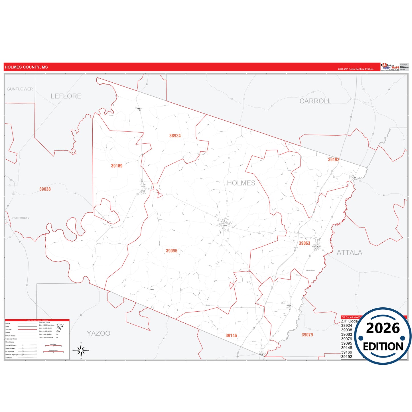 Holmes County, MS Red Line 5 Digit ZIP Code Wall Map