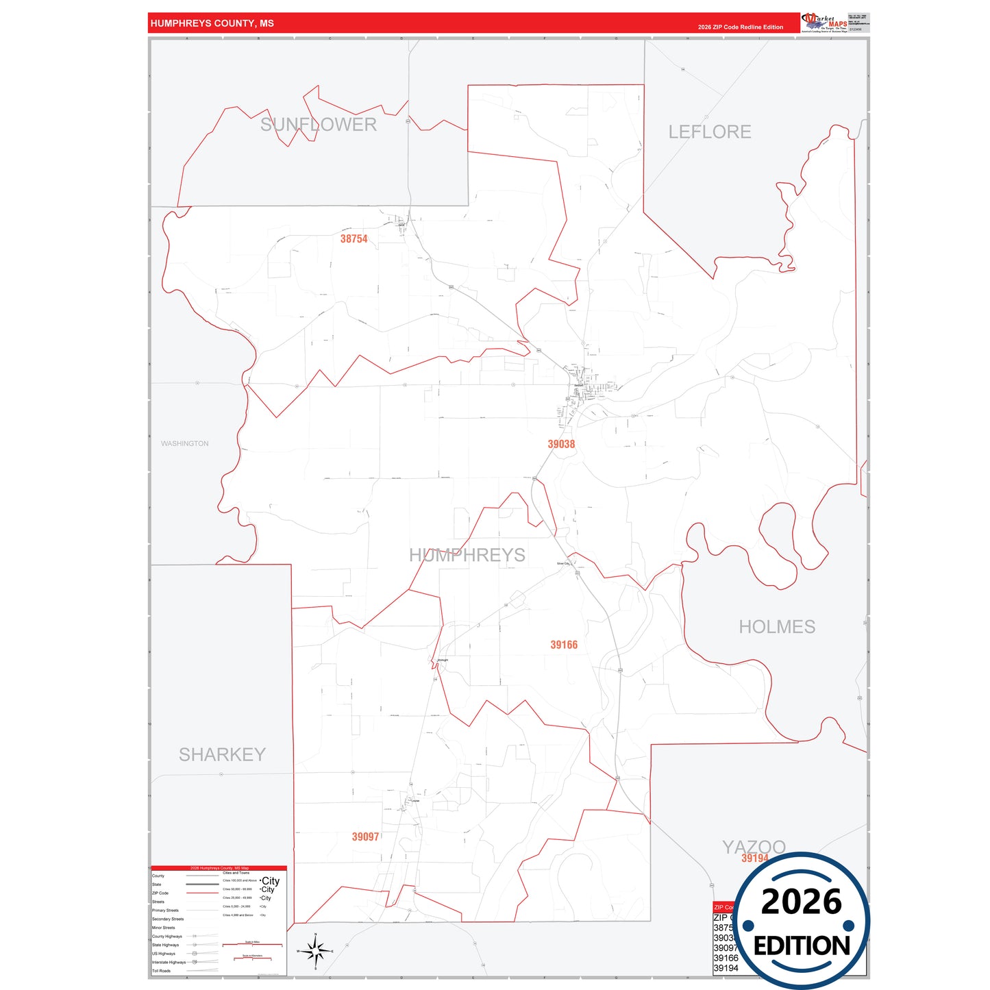 Humphreys County, MS Red Line 5 Digit ZIP Code Wall Map