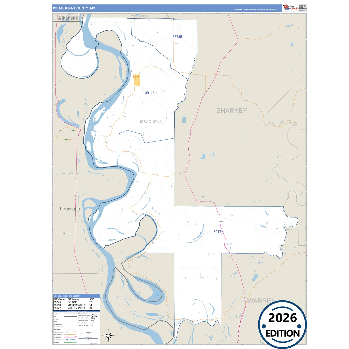 Issaquena County, MS Business Reference 5 Digit ZIP Code Wall Map