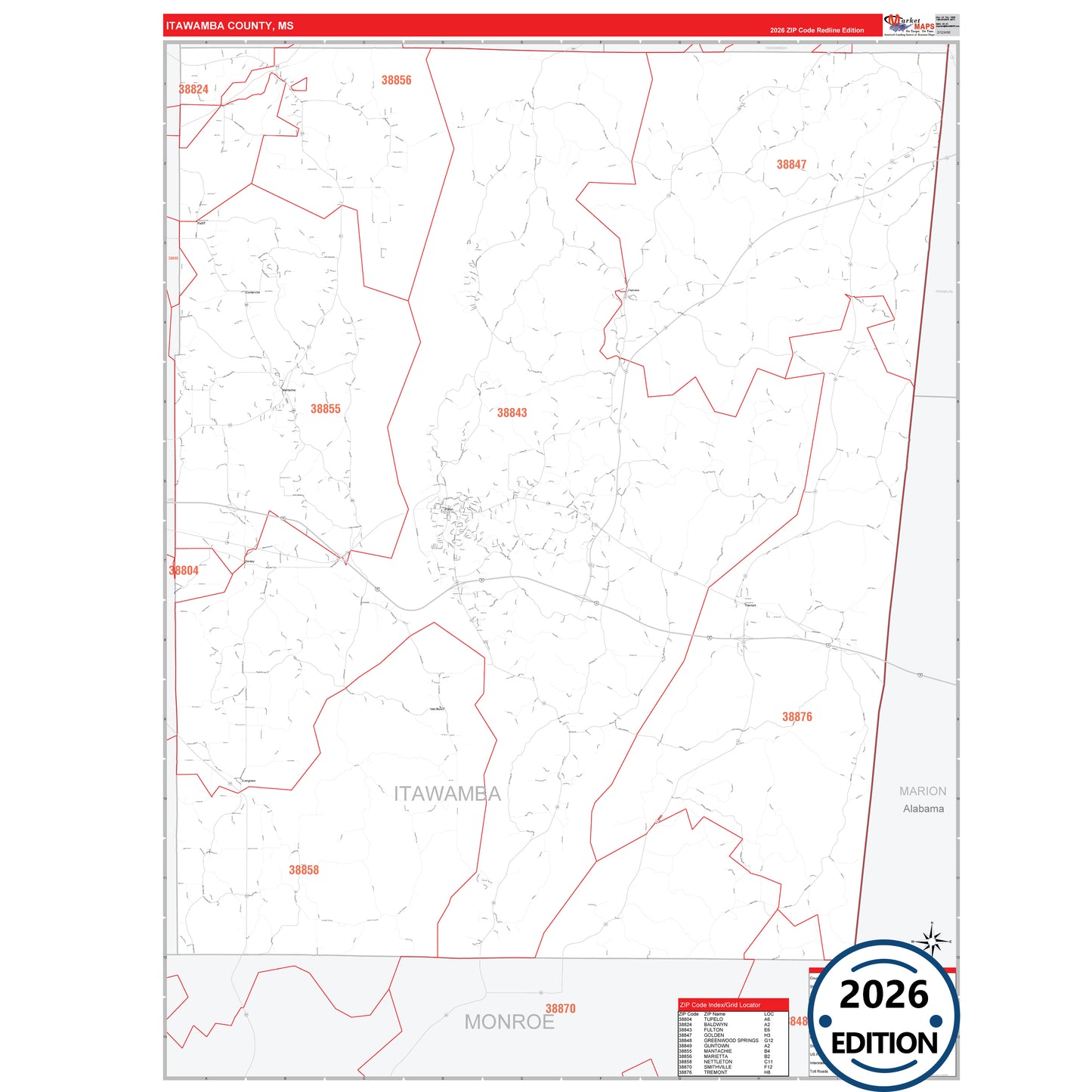 Itawamba County, MS Red Line 5 Digit ZIP Code Wall Map