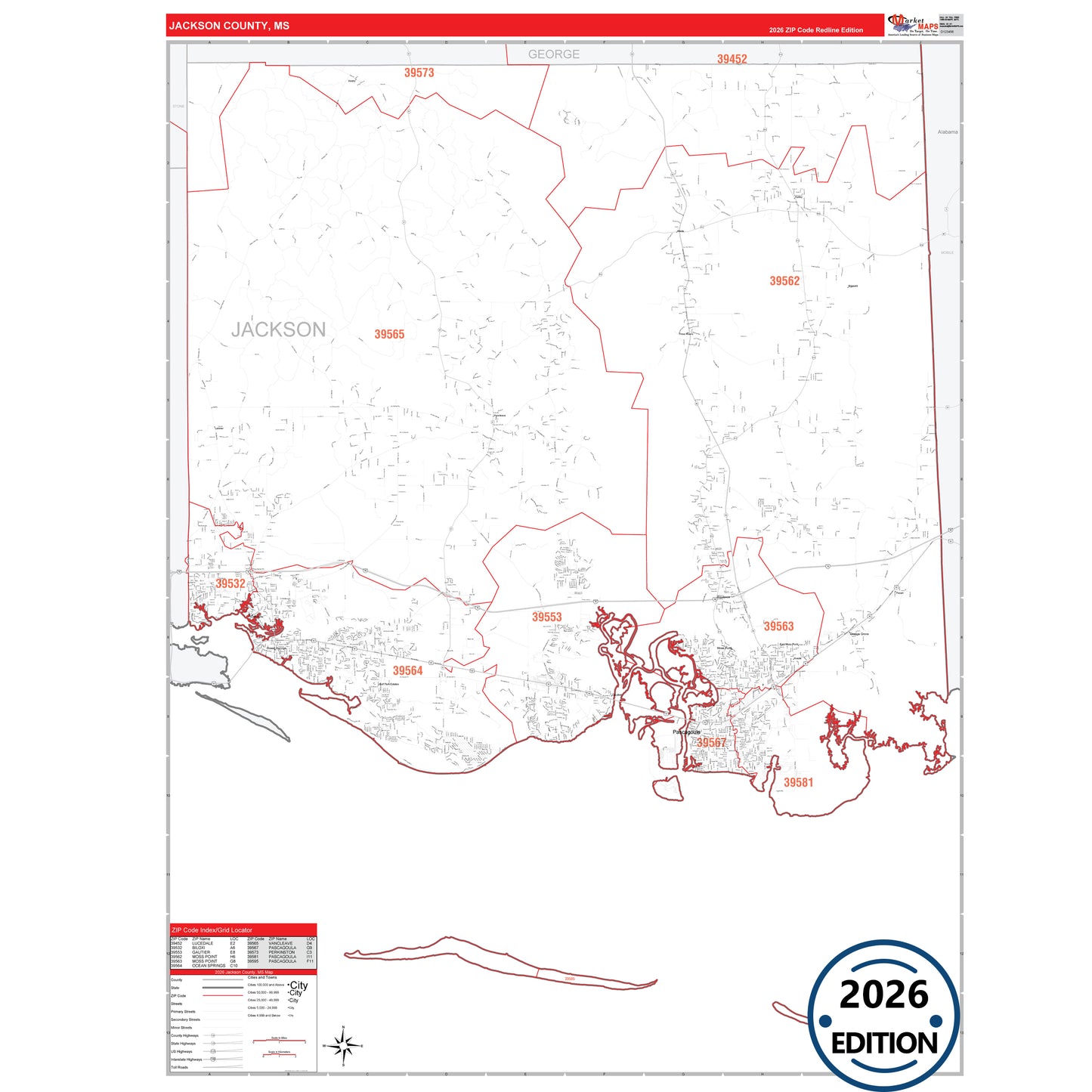 Jackson County, MS Red Line 5 Digit ZIP Code Wall Map