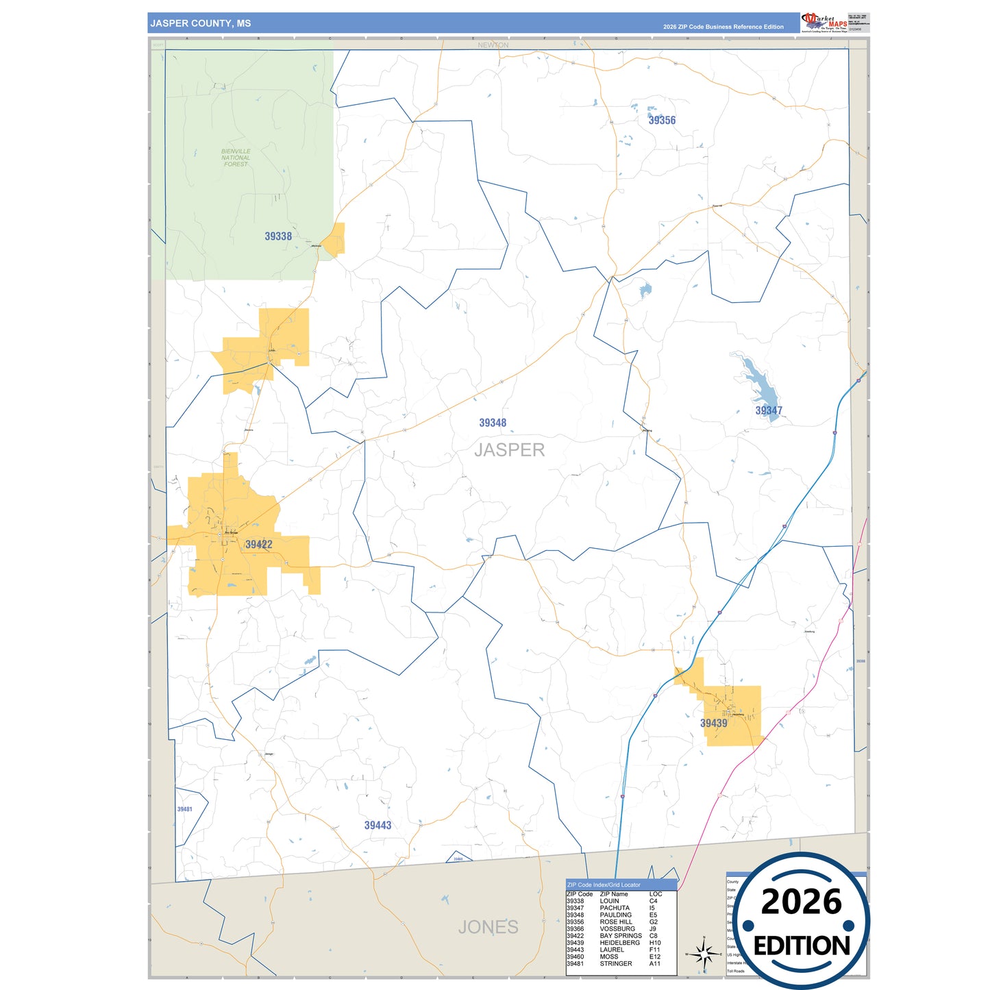 Jasper County, MS Business Reference 5 Digit ZIP Code Wall Map
