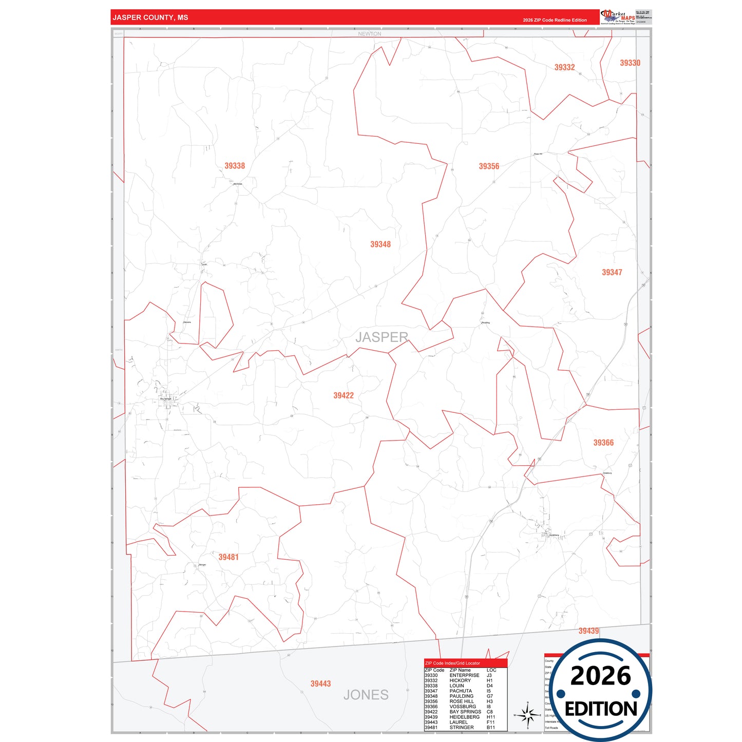 Jasper County, MS Red Line 5 Digit ZIP Code Wall Map