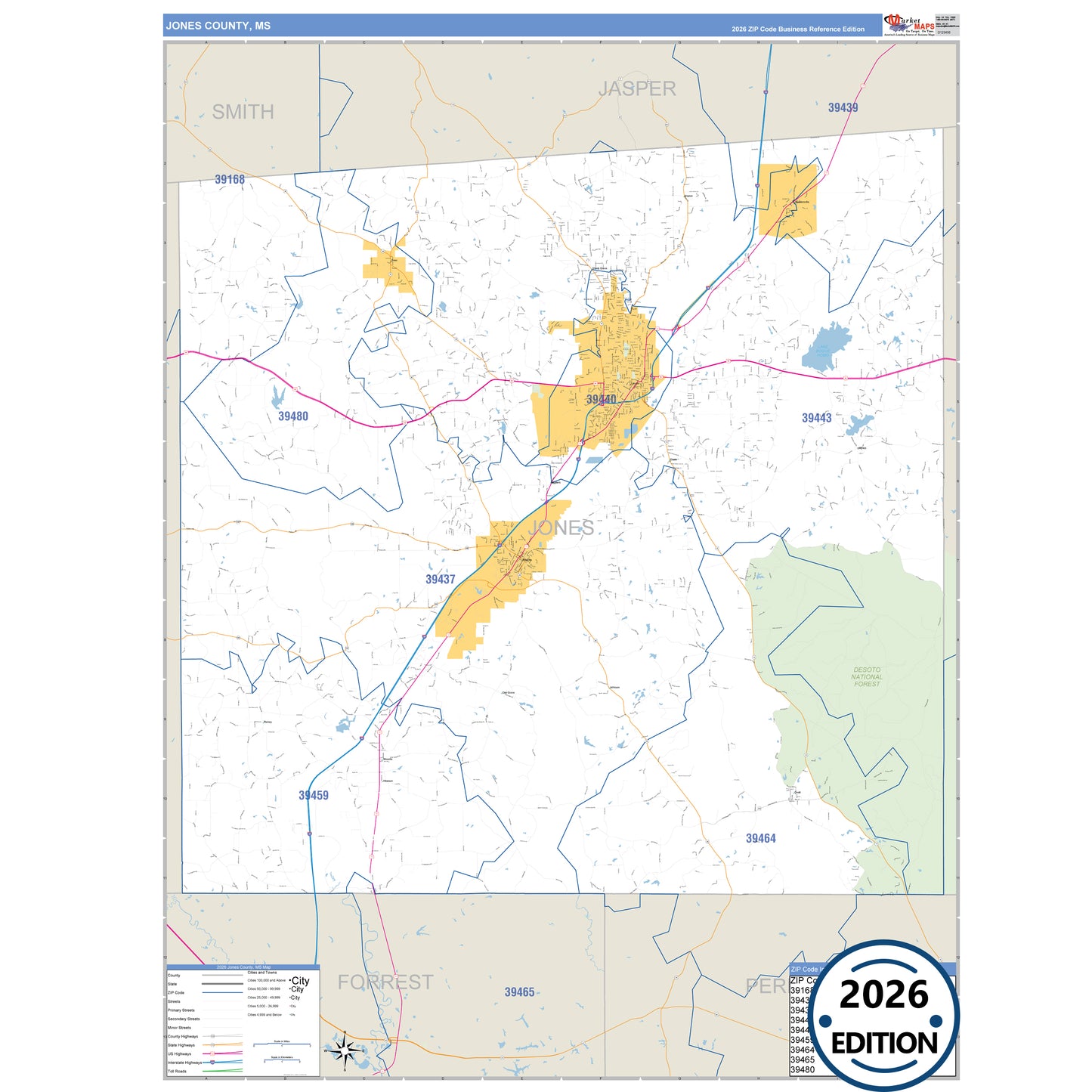 Jones County, MS Business Reference 5 Digit ZIP Code Wall Map