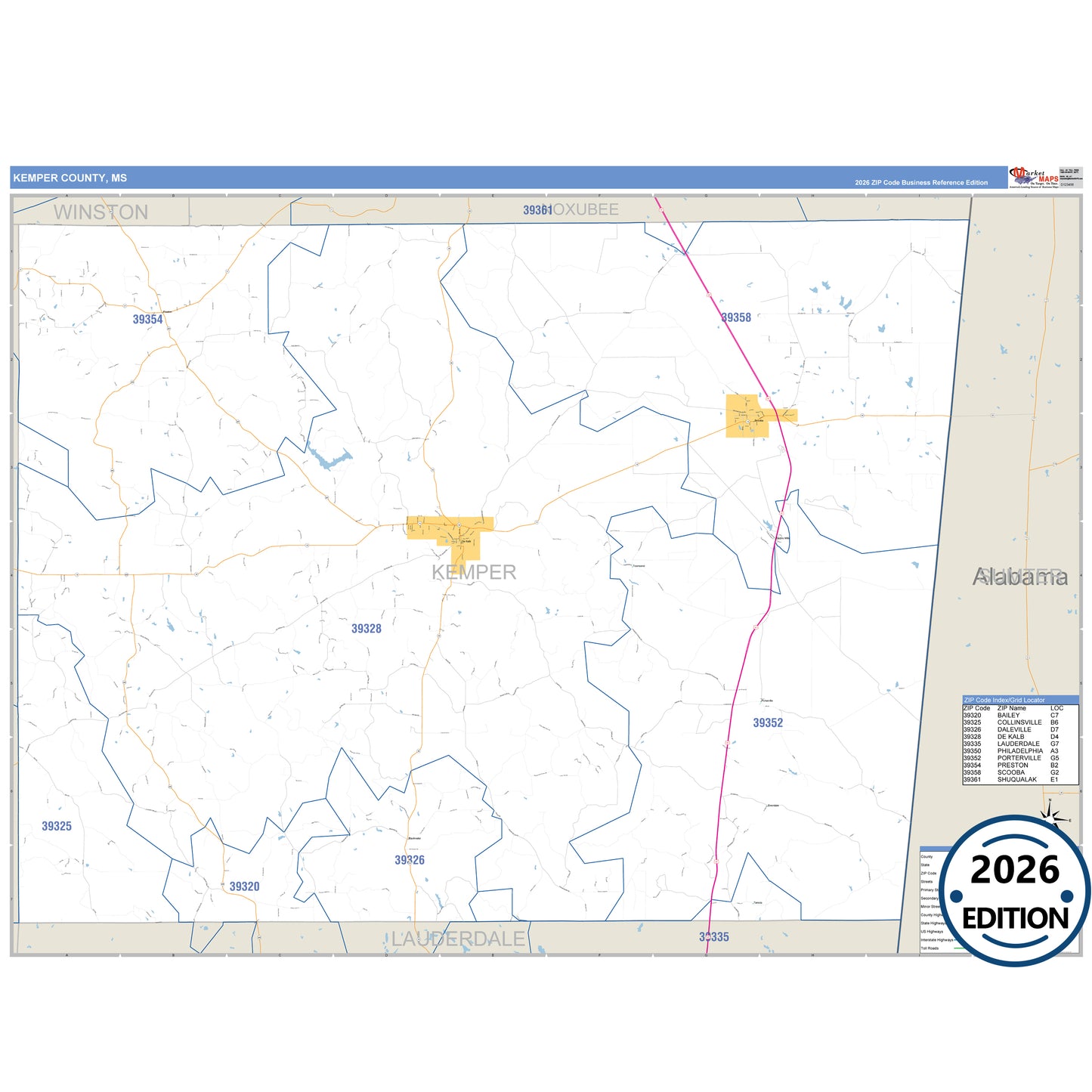 Kemper County, MS Business Reference 5 Digit ZIP Code Wall Map