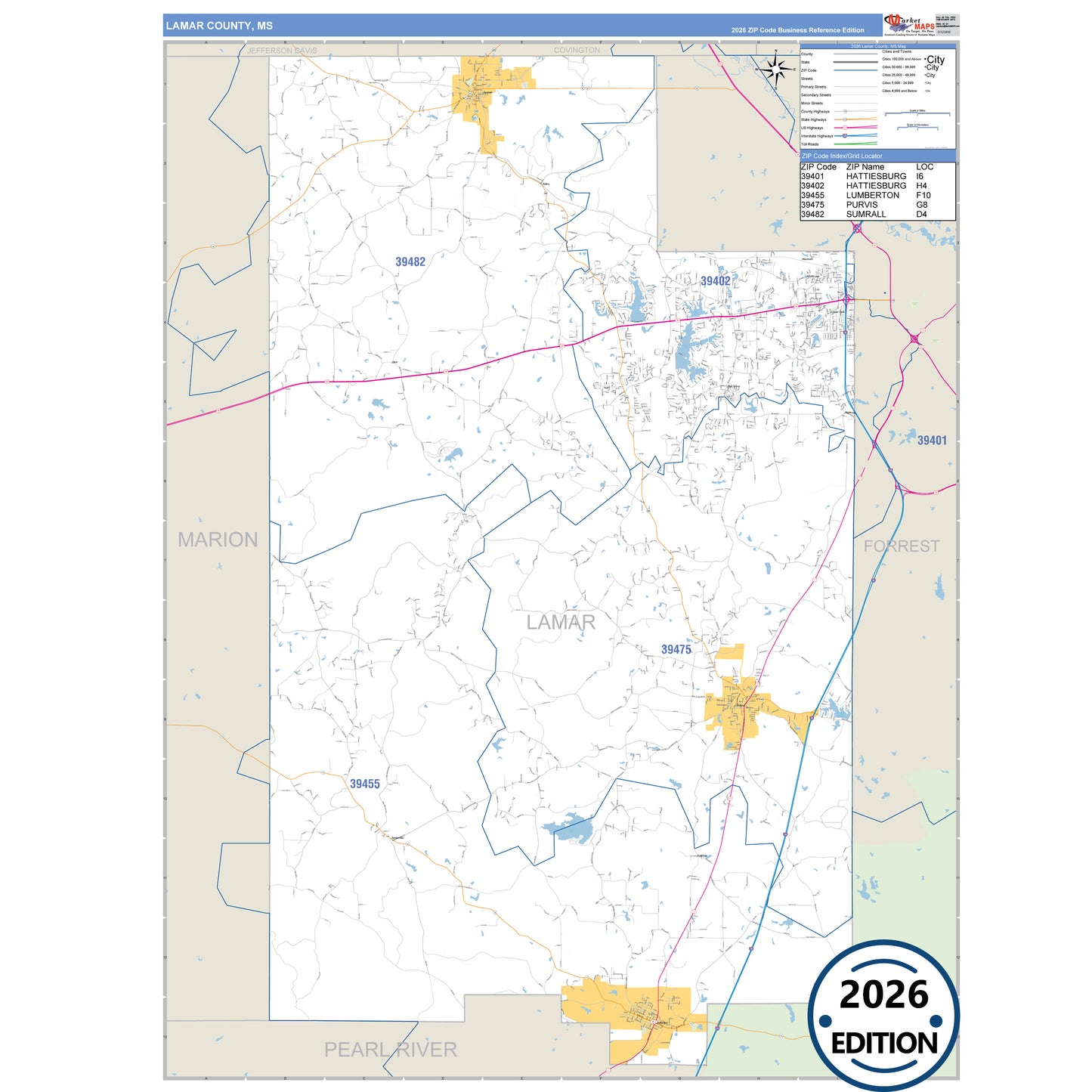 Lamar County, MS Business Reference 5 Digit ZIP Code Wall Map