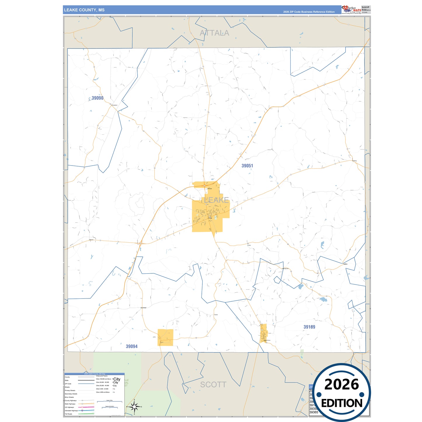 Leake County, MS Business Reference 5 Digit ZIP Code Wall Map