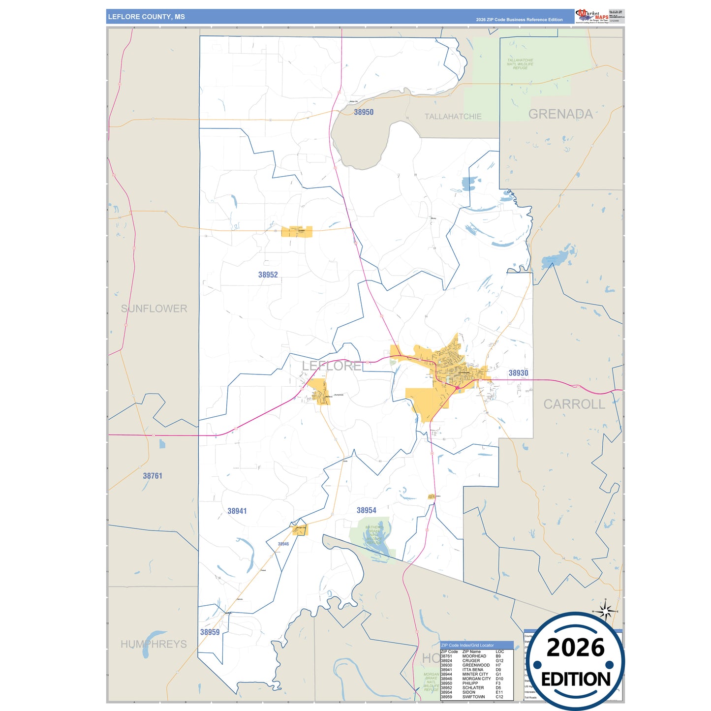 Leflore County, MS Business Reference 5 Digit ZIP Code Wall Map