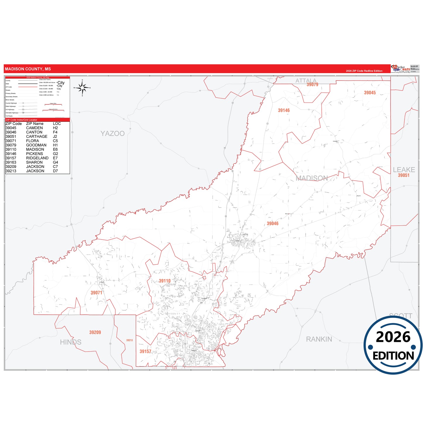 Madison County, MS Red Line 5 Digit ZIP Code Wall Map