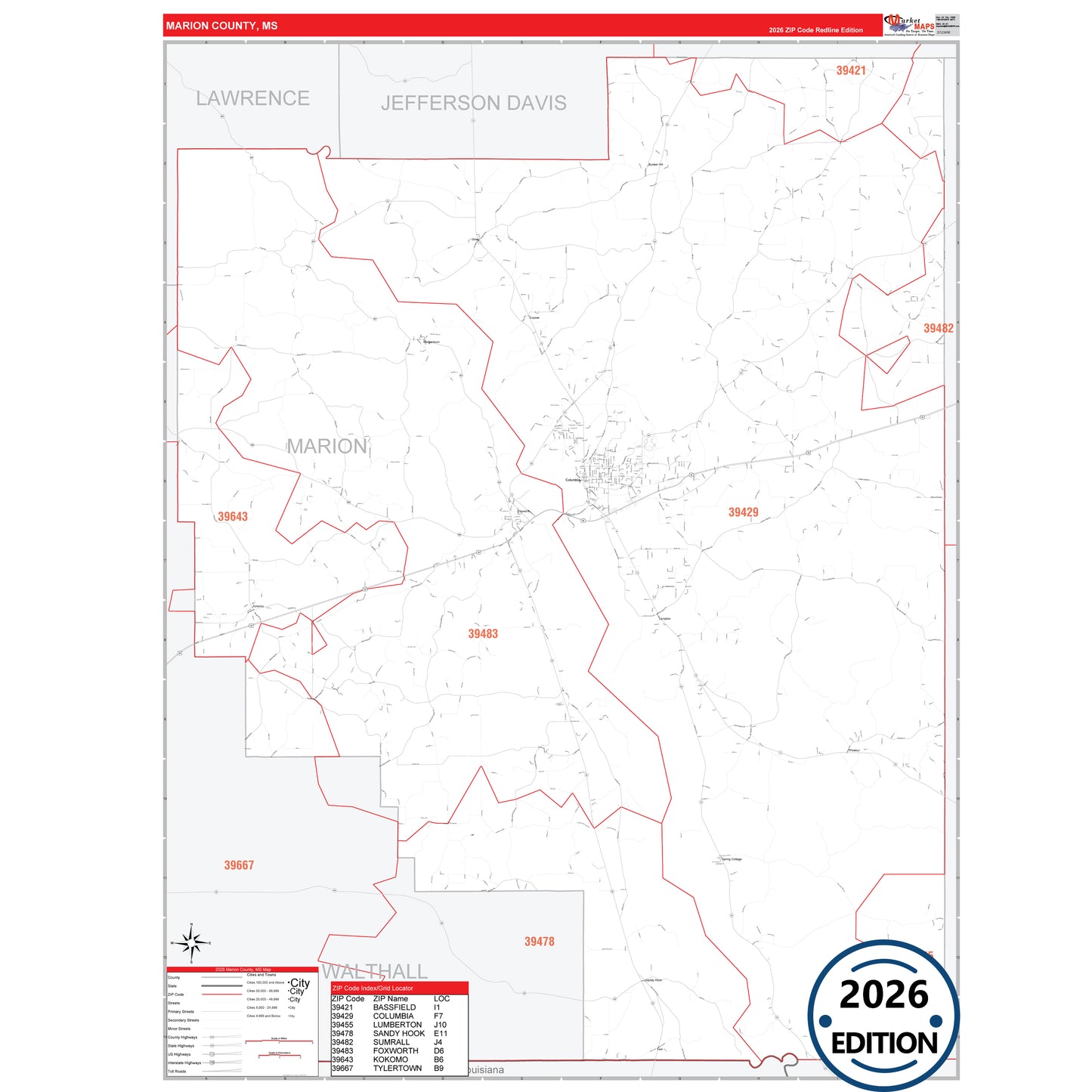 Marion County, MS Red Line 5 Digit ZIP Code Wall Map