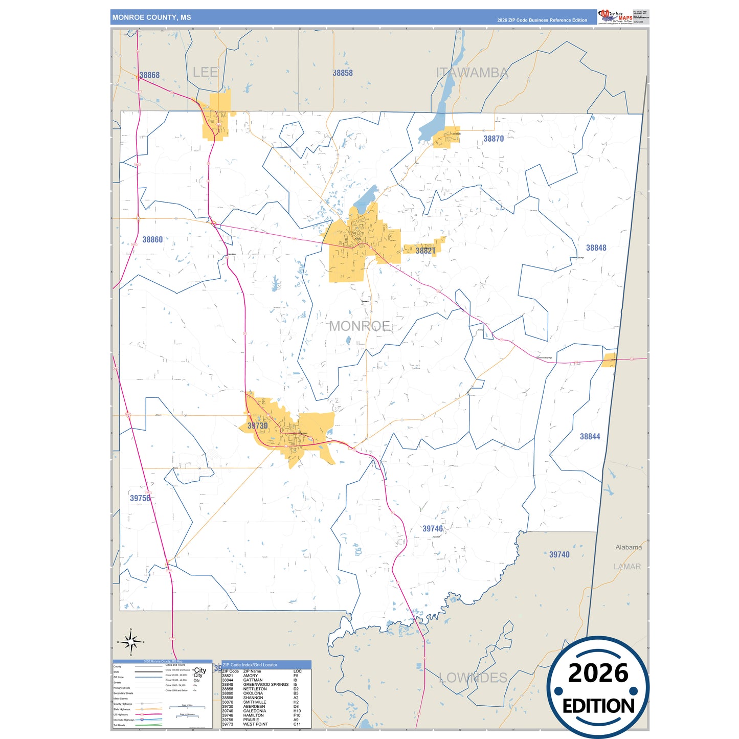 Monroe County, MS Business Reference map with detailed roads, cities, and ZIP code boundaries.