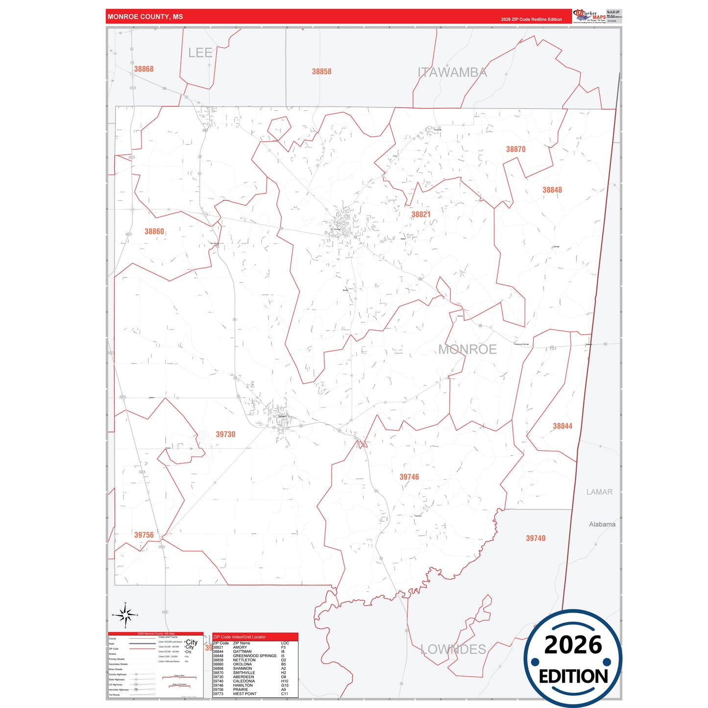Monroe County, MS Red Line 5 Digit ZIP Code Wall Map