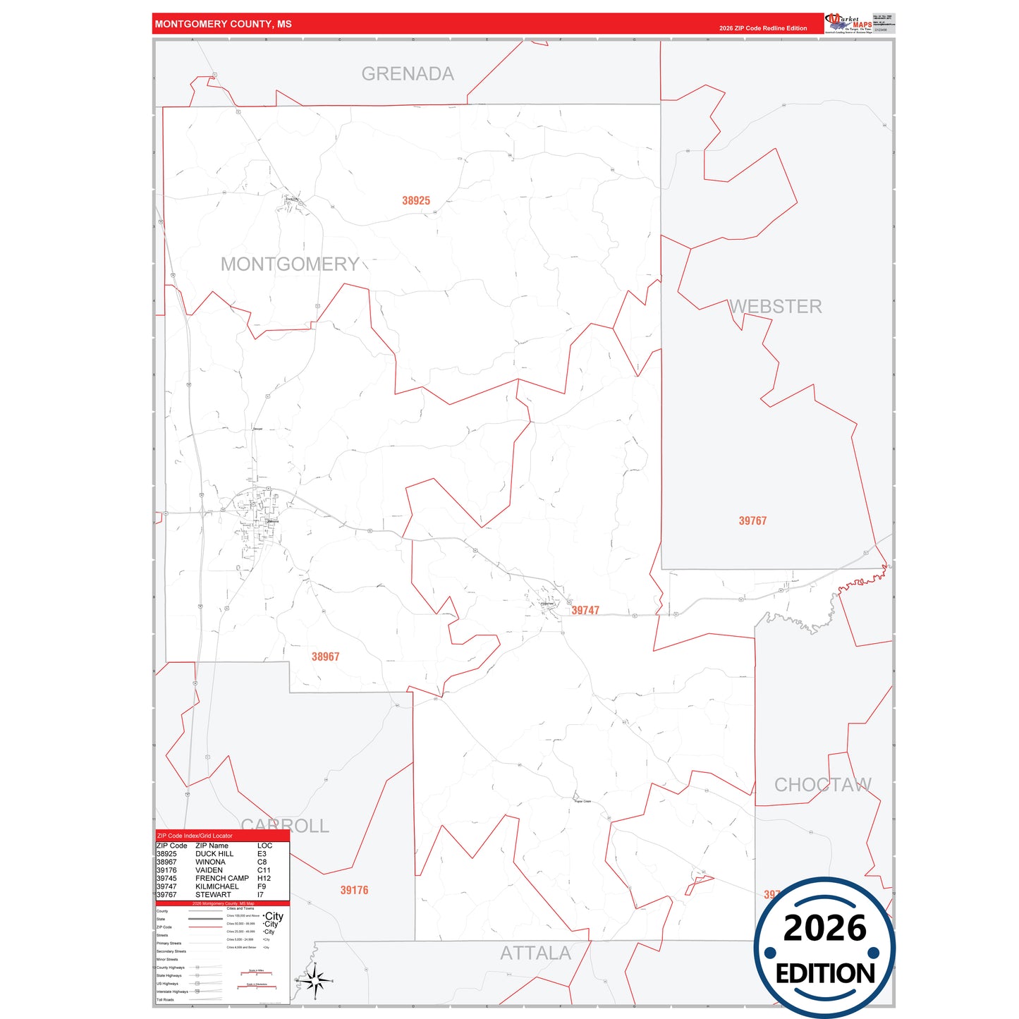 Montgomery County, MS Red Line 5 Digit ZIP Code Wall Map