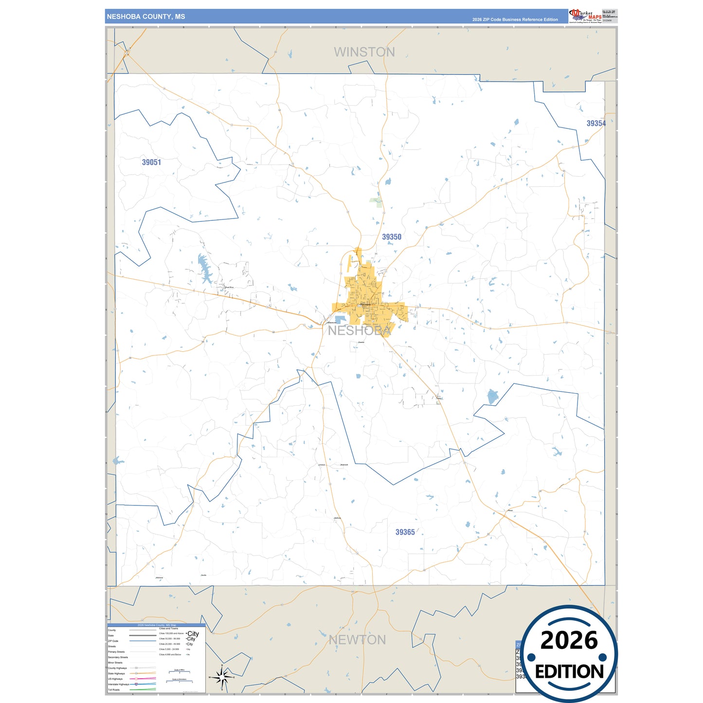 Neshoba County, MS Business Reference 5 Digit ZIP Code Wall Map